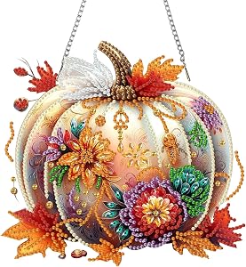 Autumn Pumpkin Diamond Art Hanging Kit for Adult,Special Shaped Rhinestone,DIY Acrylic 5D Diamond Art Painting Window Pendants Home Garden Wall Hanging Kits Hanging Ornament,Double Sided.Pumpkin