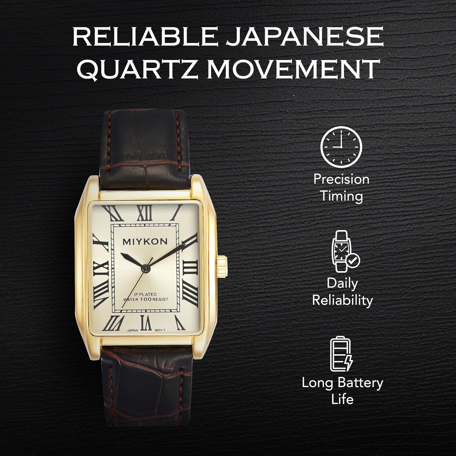 Miykon Vintage Watches for Men - Tank Square Analog Watch with Genuine Leather Wrist Strap for Classic Dress - Ion Polished, Scratch Resistant Glass, Japanese Quartz, Waterproof to 100ft Roman, Gold Case, Gold Dial Brown 38mm image 4 of 7 B0DT587S49