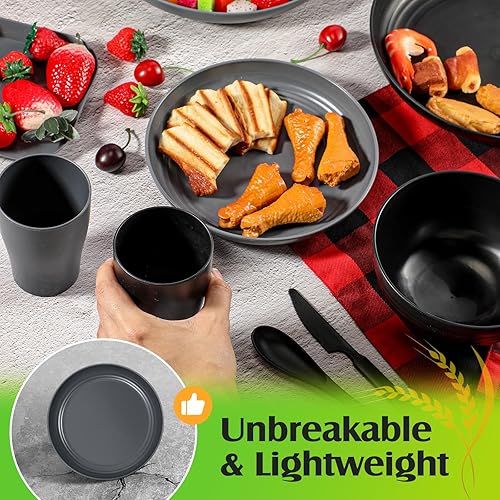 Miniatura 3 de Juego de vajilla de paja de trigo, 64 piezas, platos de plástico irrompibles, cuencos ligeros, platos, tazas, cubiertos, aptos para lavavajillas,