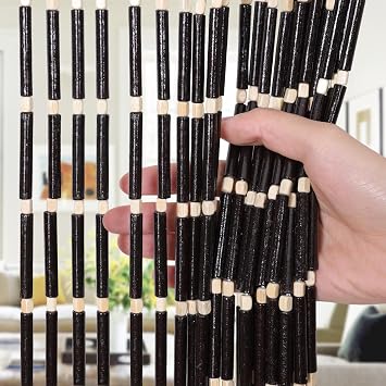 Boshen Handmade Bamboo Beaded Curtains for Doorways, 65 Strands 35.5x78.7inch Natural Wood Boho Hanging Door Beads Curtains Room Divider for Home Decor Hallway WindowBlack