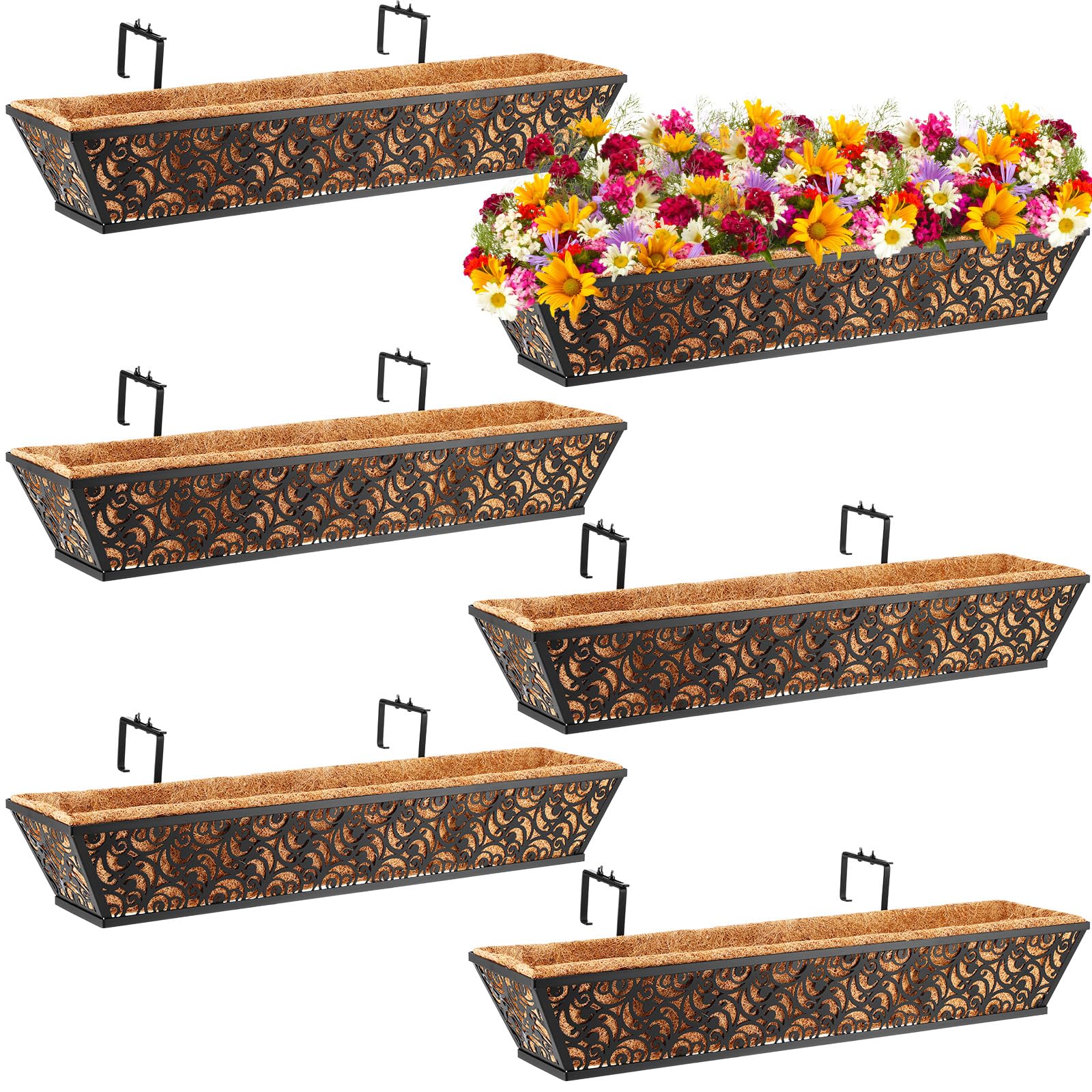 Geetery 6 Pack Classic 30 Inch x 7 Inch x 4.7 Inch Black Metal Hanging Rectangular Window Railing Planter Basket with Coconut Liner for Outdoor Patio
