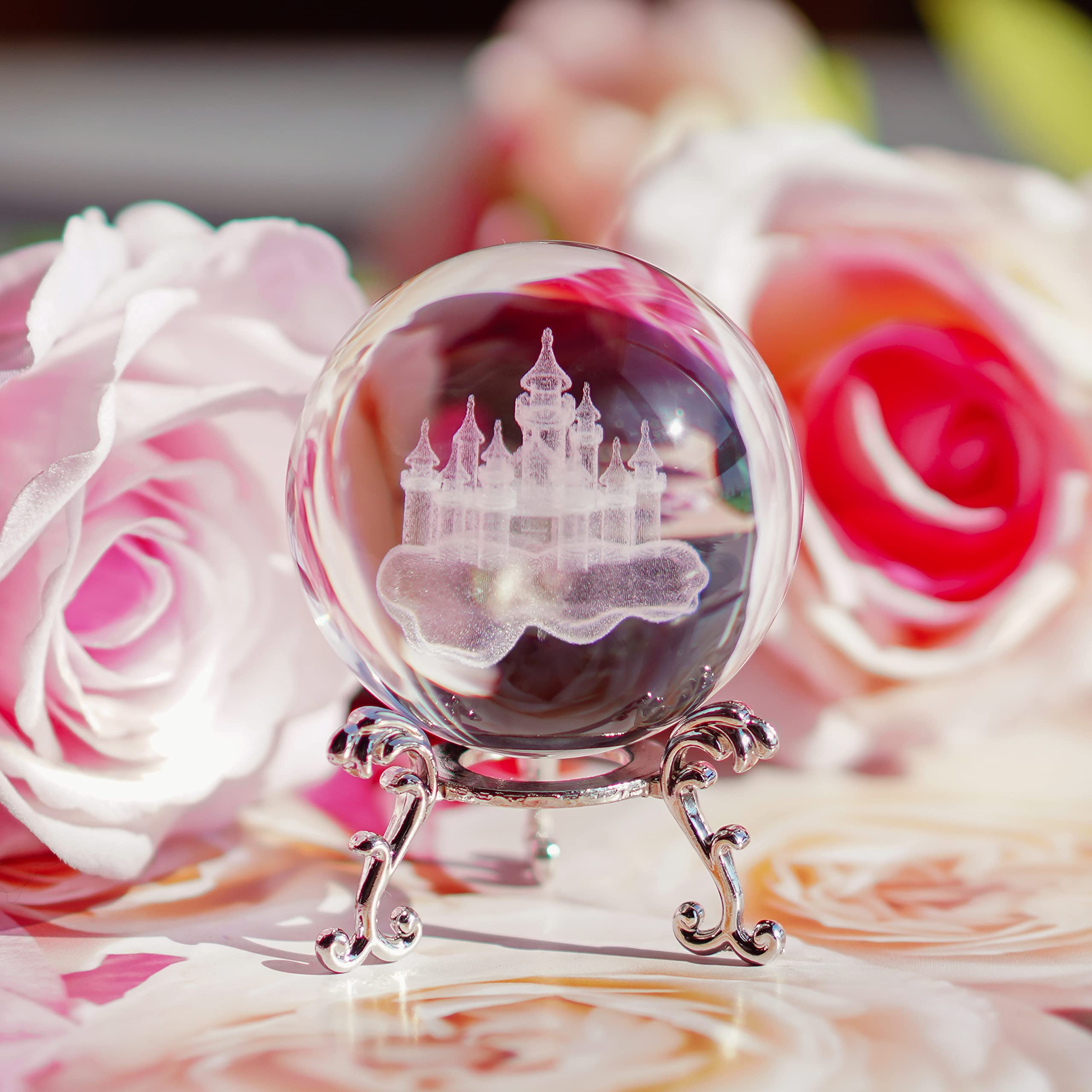 60mm 3D Crystal Ball with Stand Glass Laser Castle Figurines Quartz Crystal Paperweights Wedding Decoration Birthday Valentine's Day Gifts for Kids Girls Women