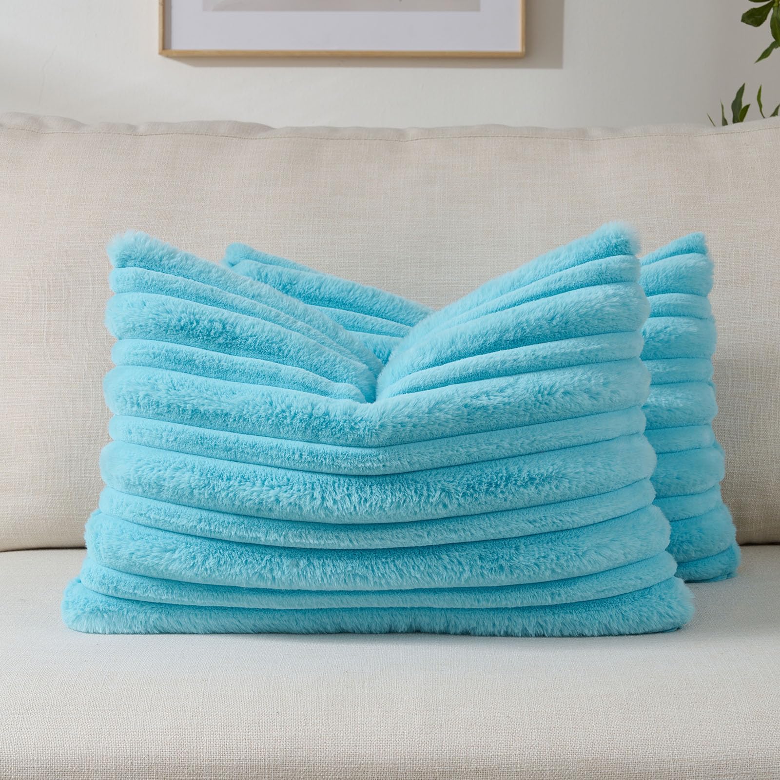 FUTEI Set of 2 Fluffy Faux Rabbit Fur Cushion Covers 30x50 cm,Sky Blue