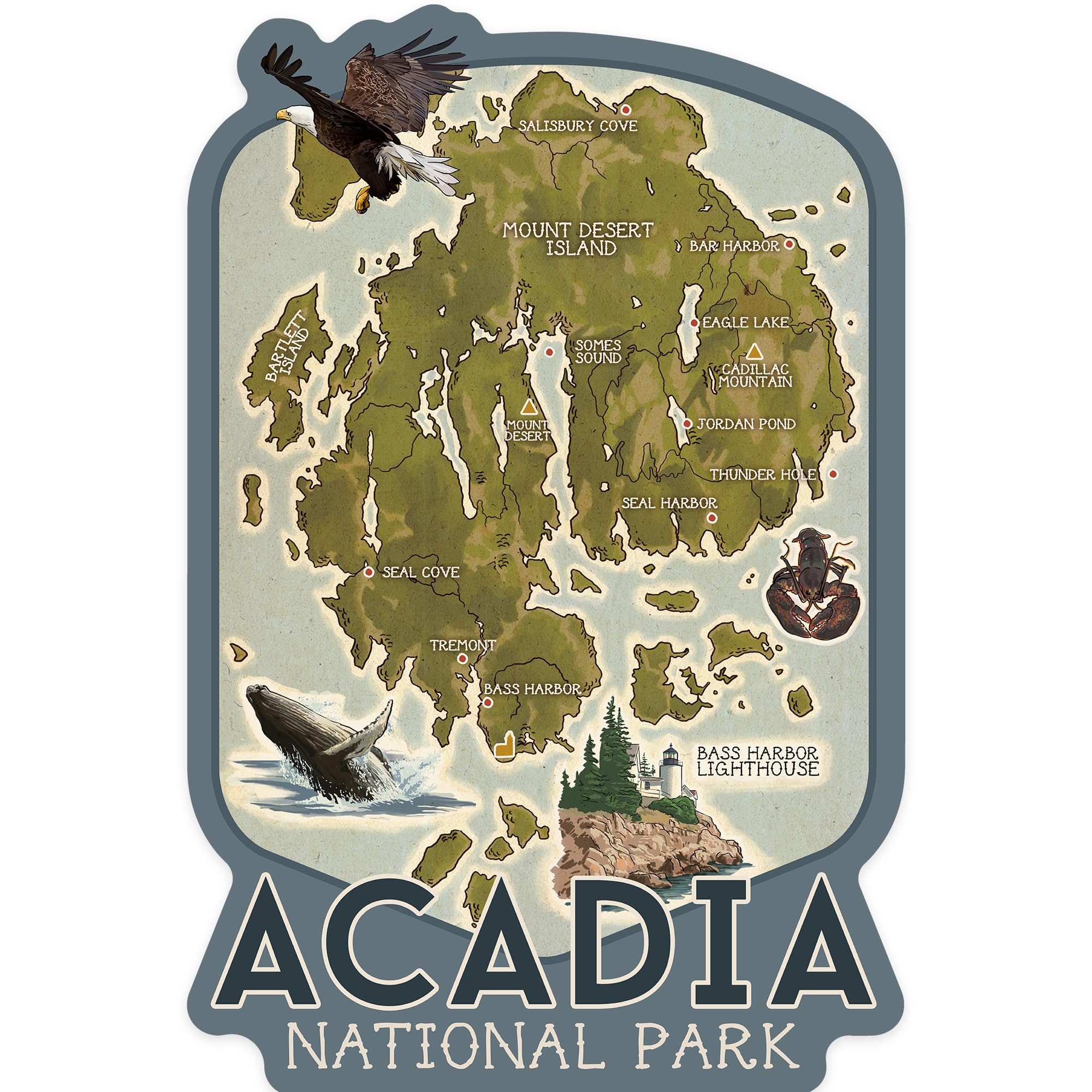 Lantern Press Sticker Acadia National Park, Maine, Map with Icons, Die Cut Vinyl, (Waterproof Decal for Cars, Water Bottles, Laptops, Coolers), Small