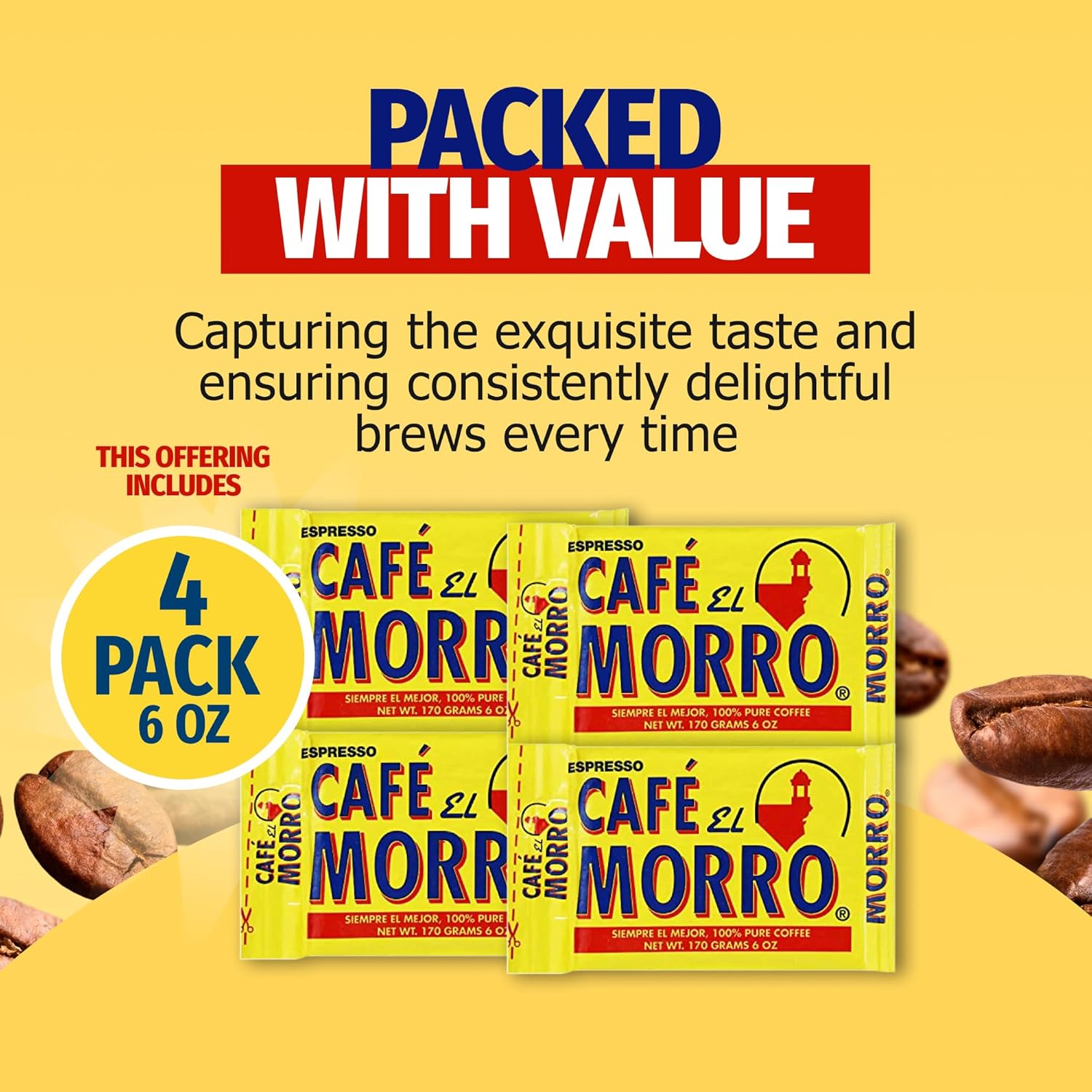 Café El Morro Dark Roast Espresso Ground Coffee, Bulk Coffee, Authentic Puerto Rican Style Coffee, Vacuum Sealed, Ground Espresso Beans, 6 oz (4-Pack)