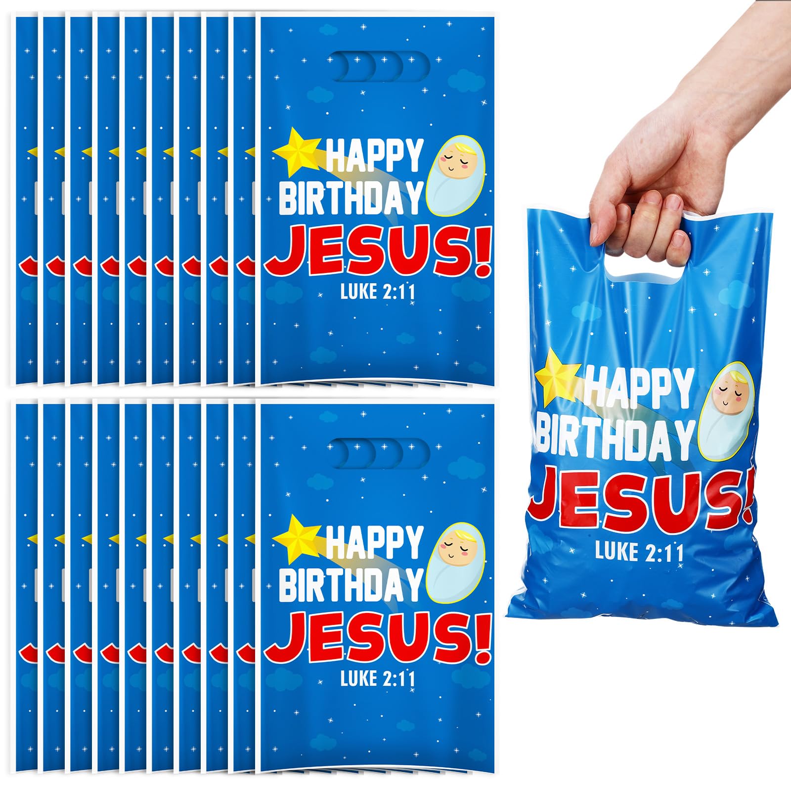 Hosuly 50 Pieces HAPPY BIRTHDAY JESUS Gift Bags, Christmas Plastic Goodie Bags, Christian Religious Treat with Handles for Christmas Party Supplies