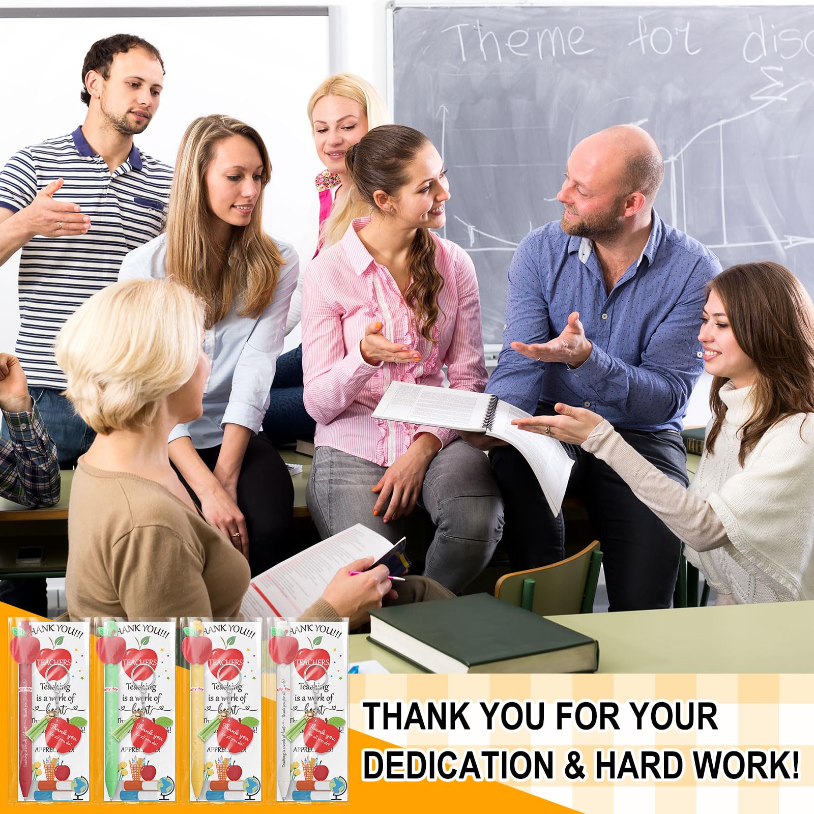 Kosiz 24 Sets Teacher Appreciation Gifts Bulk for Women Men Include Retractable Ballpoint Pens Thank You Keychain End of Year Gifts Greeting Card with Ties(Apple)