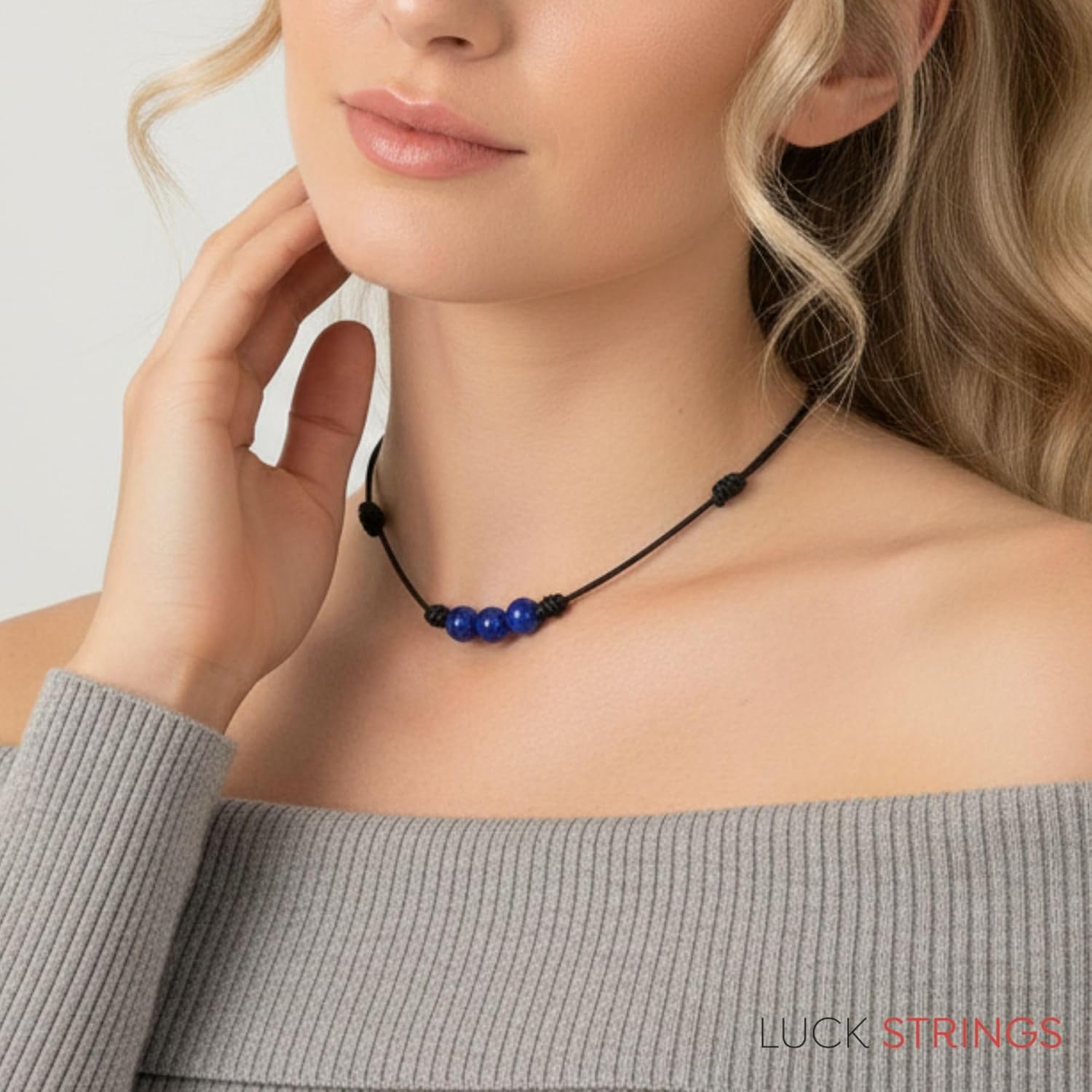 Luck Strings Lapis Lazuli Gemstone Beads Pendant Knotted Necklace with Adjustable Wax Nylon Cord - Unisex Beaded choker Men Women - Image 3