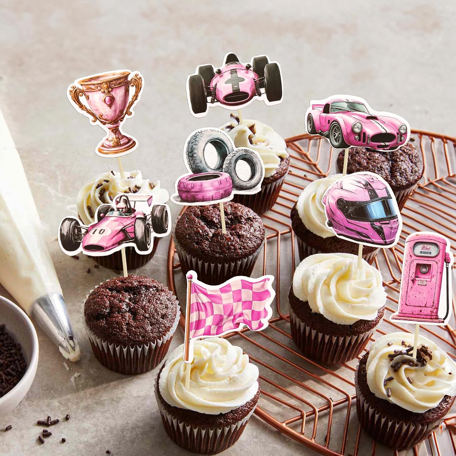 Gyufise 36Pcs Race Car Cupcake Toppers Racing Car Party Cake Decorations for Race Car theme Baby Shower Birthday Party Decoration Supplies Pink