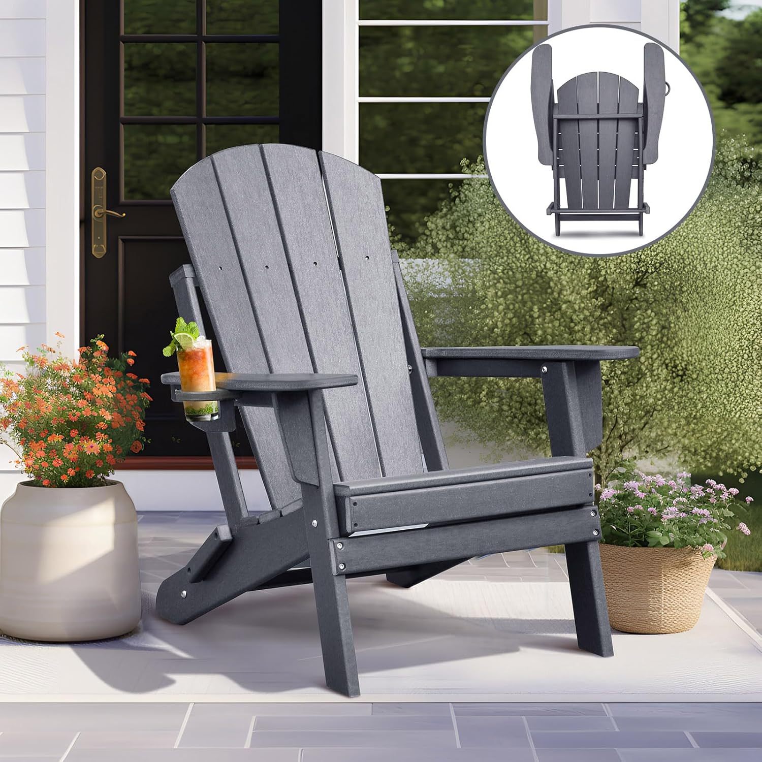 Skypatio Folding Adirondack Chair, All-Weather Portable Patio Fire Pit Chairs High-Density Polyethylene Adirondack Chairs for Porch, Beach, Garden, Deck, Lawn(Gray)