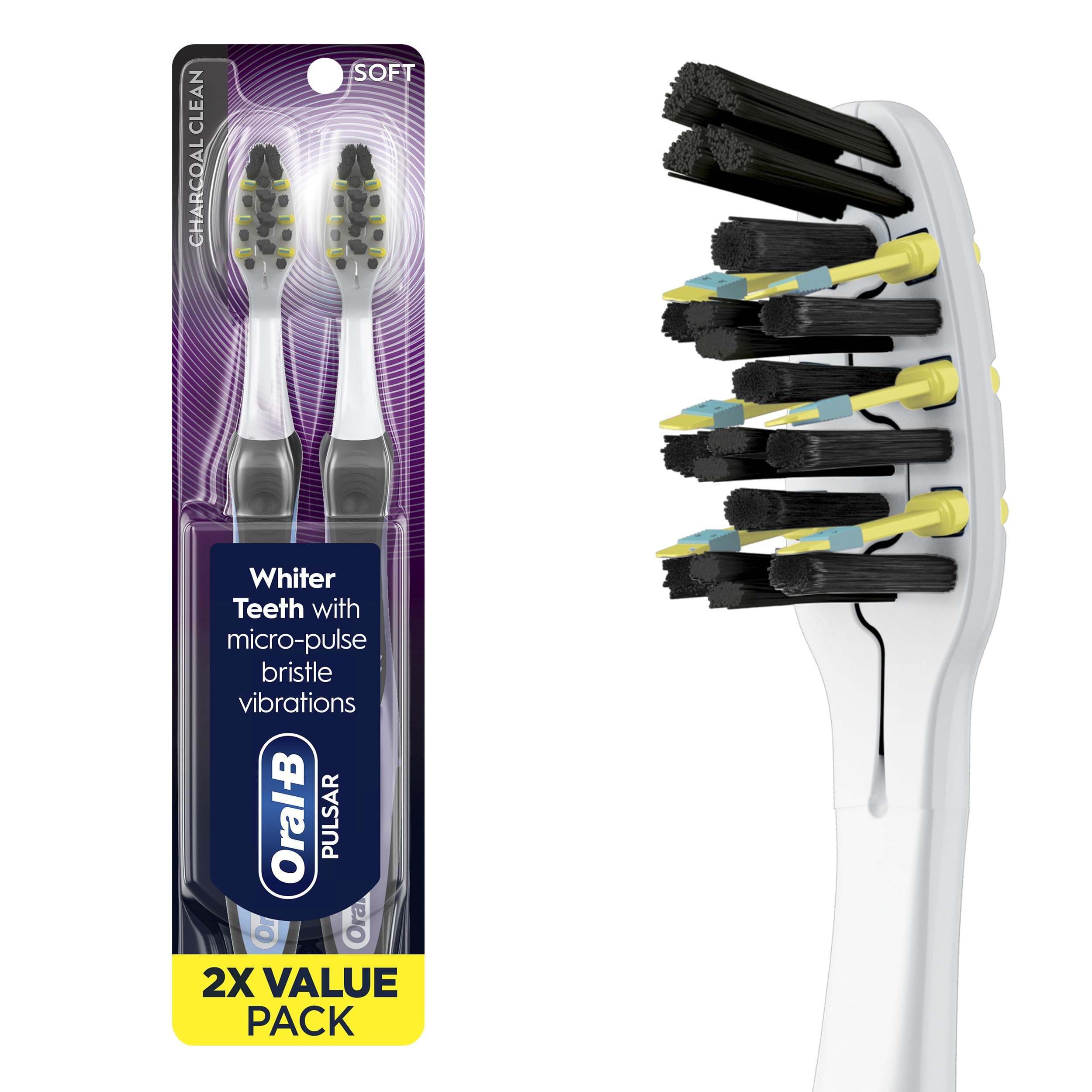 Oral-B Pulsar Charcoal, Battery Electric Toothbrush, 2 Count Soft Toothbrush Pack, removes Plaque, Travel Essentials Tooth Brush