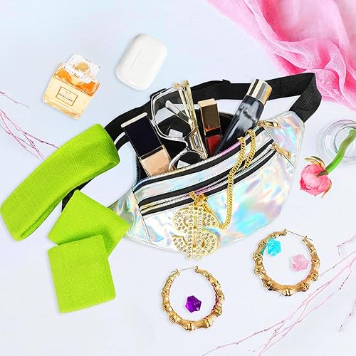 Miniatura 7 de ONUPGO Calentadores de piernas para mujer, accesorios de disfraces de los años 80, riñonera holográfica, calentadores de piernas de neón de punto,