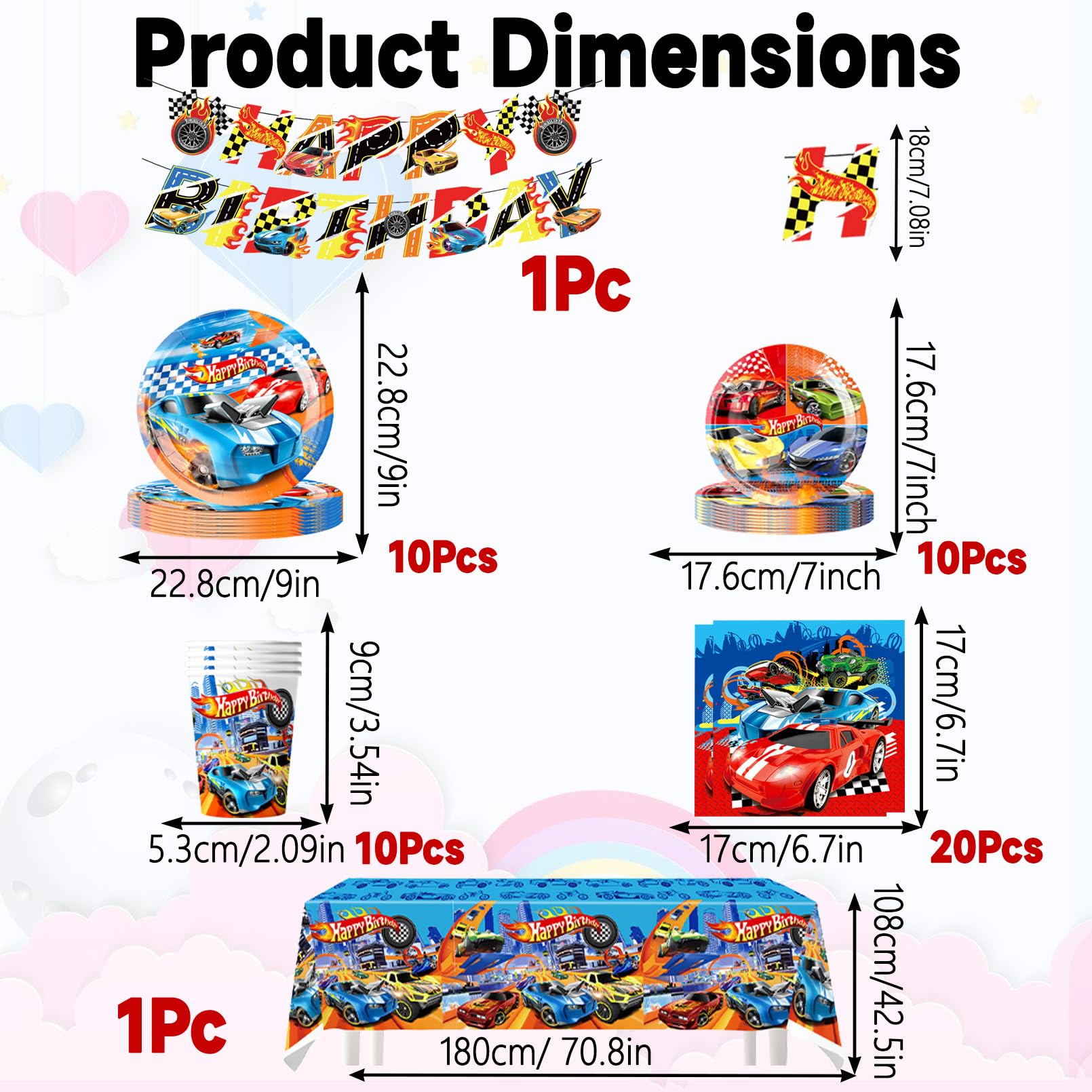 Set Compleanno Hot Whels Stoviglie Festa Auto, Stoviglie Festa Compleanno Auto, Include Tovaglia, Piatti Carta, Striscione, Decorazioni Compleanno per 10 persone
