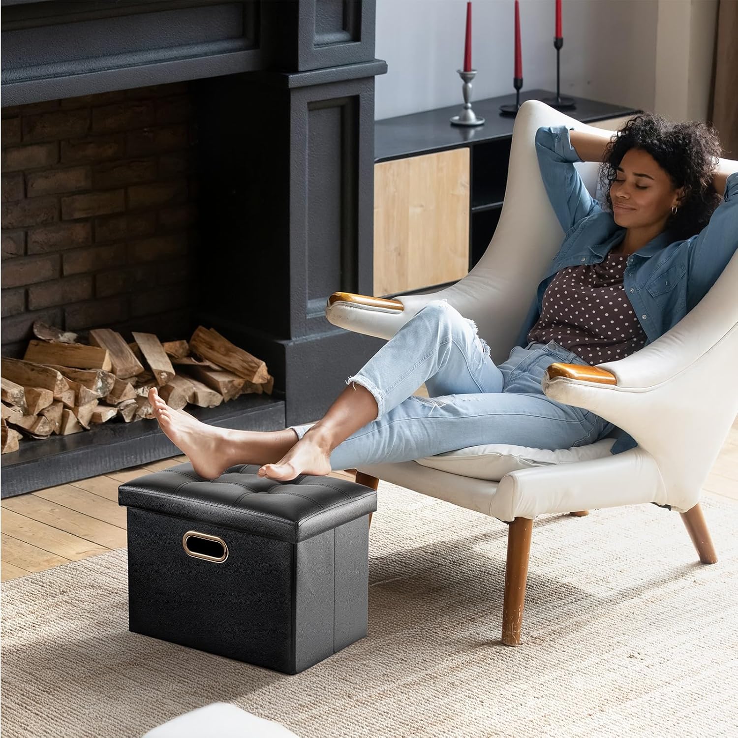 2 Pack Folding Storage Ottoman, 16 inch PU Leather Small Ottoman with Storage Foldable, Set of 2 Faux Leather Foot Stool Support 260lbs for Living Room, Bedroom, Hallway, Black