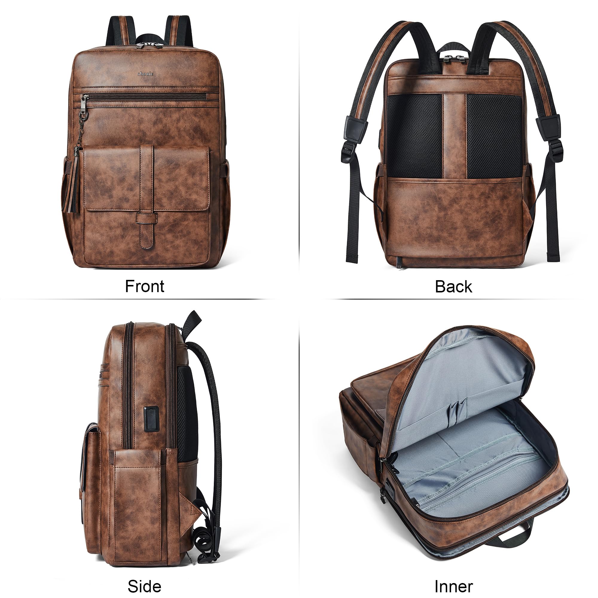 Shrrie Mochila de piel vegana para portátil de 16 pulgadas con cargador USB, ligera e inteligente parade para hombre y mujer para negocios, trabajo, oficina y universidad, Bicolor Marrón