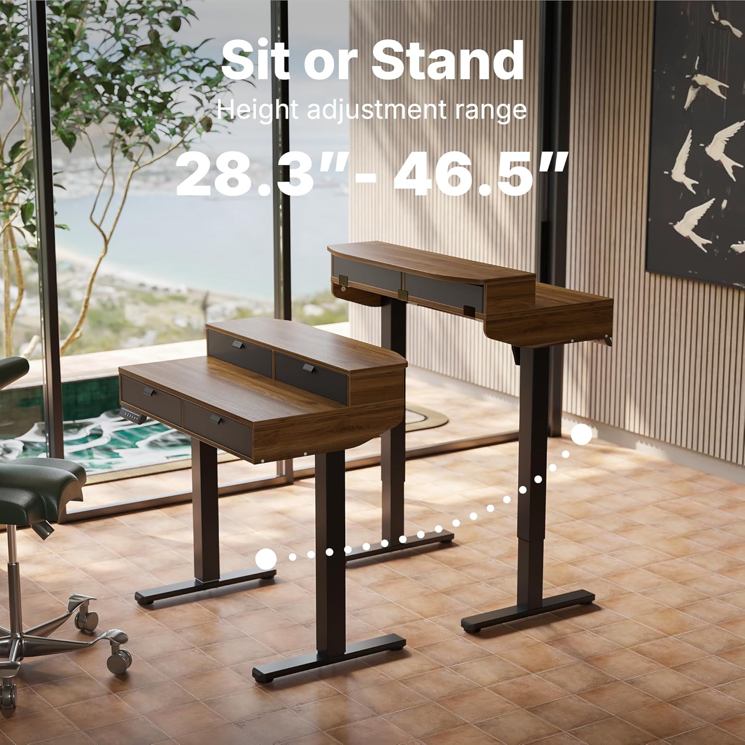 HUANUO 32 x 20 inch Electric Standing Desk with 4 Drawers, Adjustable Height Sit Stand Home Office Desk, C-Clamp Mount Compatible, Ergonomic Stand up Desk with 4 Preset Heights, Walnut