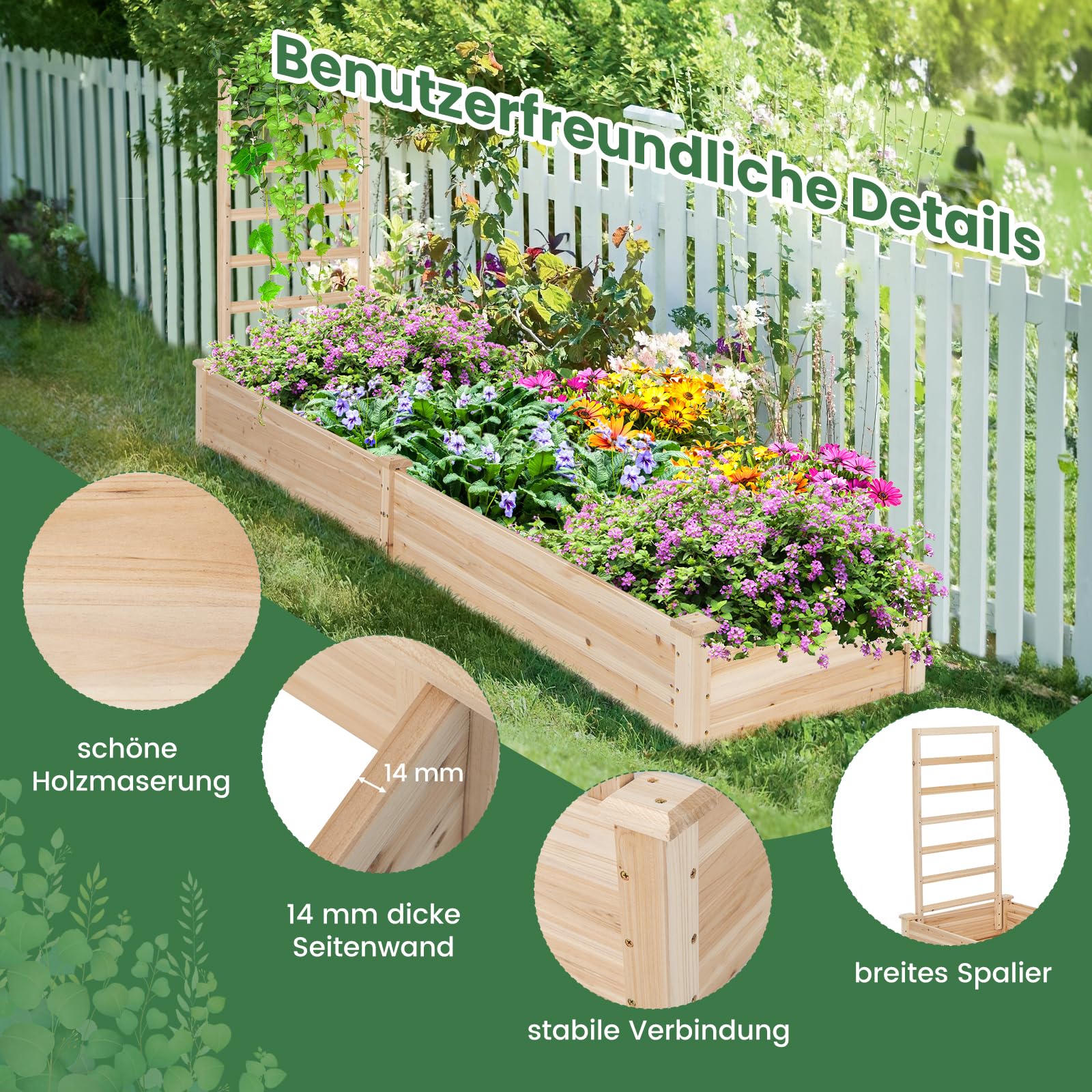 RELAX4LIFE Jardinera con enrejado, jardinera con enrejado, jardinera con ayuda para enredaderas, caja de madera, enrejado de jardín para plantas trepadoras, macizos de flores para jardín, natural (235