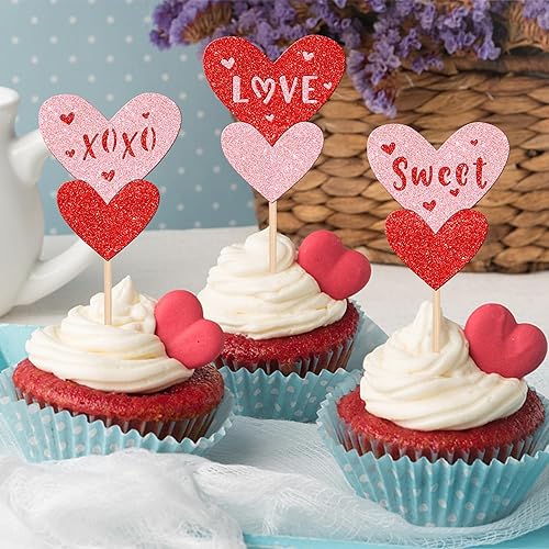Miniatura 4 de 24 piezas de decoración para cupcakes para el día de San Valentín con purpurina roja y rosa dulce amor, decoración de pastel de corazón de doble