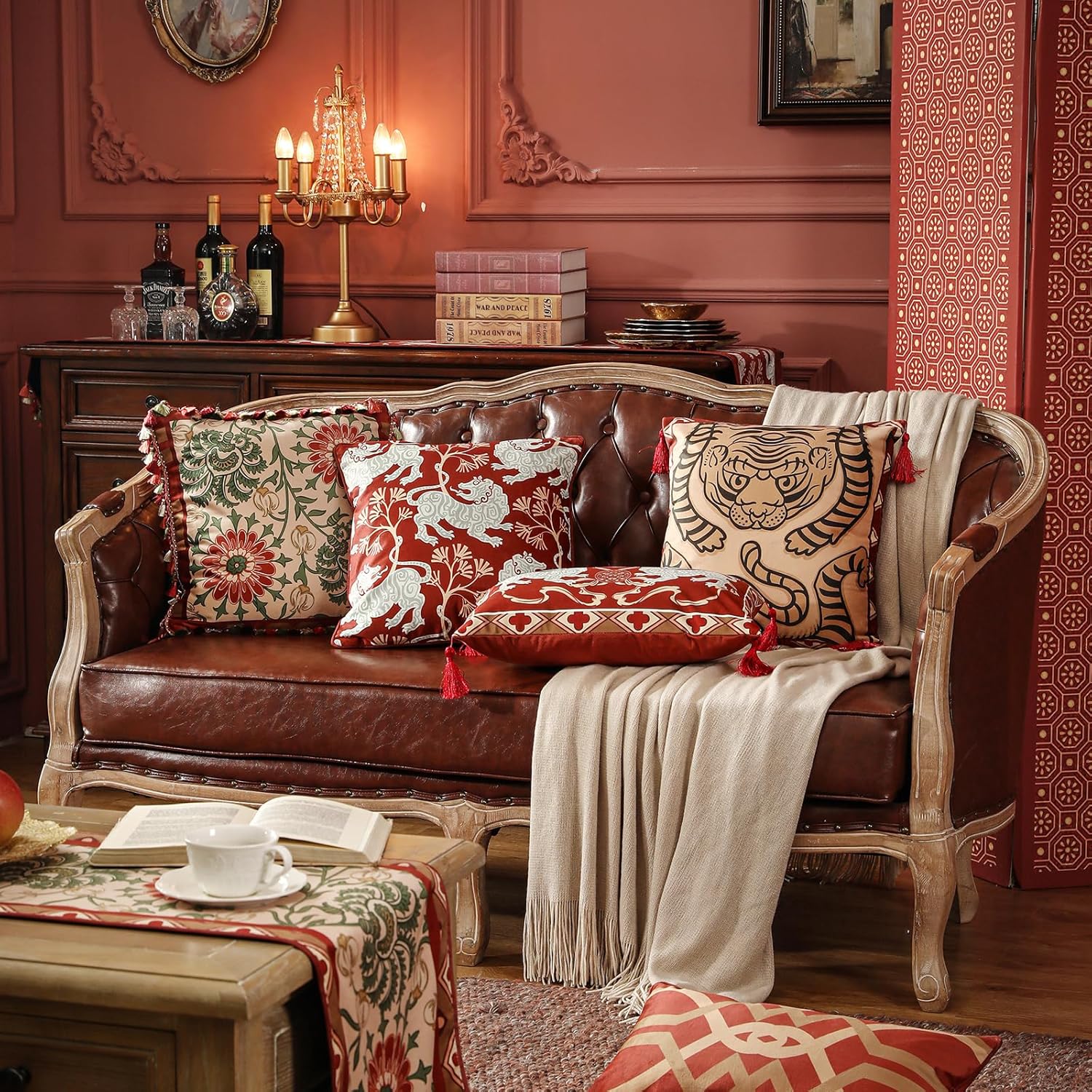 patdrea Designer Chinoiserie Throw Pillow Covers 18x18 Inch Pack of 2,Vintage Festive Red Velvet with Cartoon Tiger Pattern,Decorative Square Pillowcases Cushion for Bed Living Room Outdoor Car