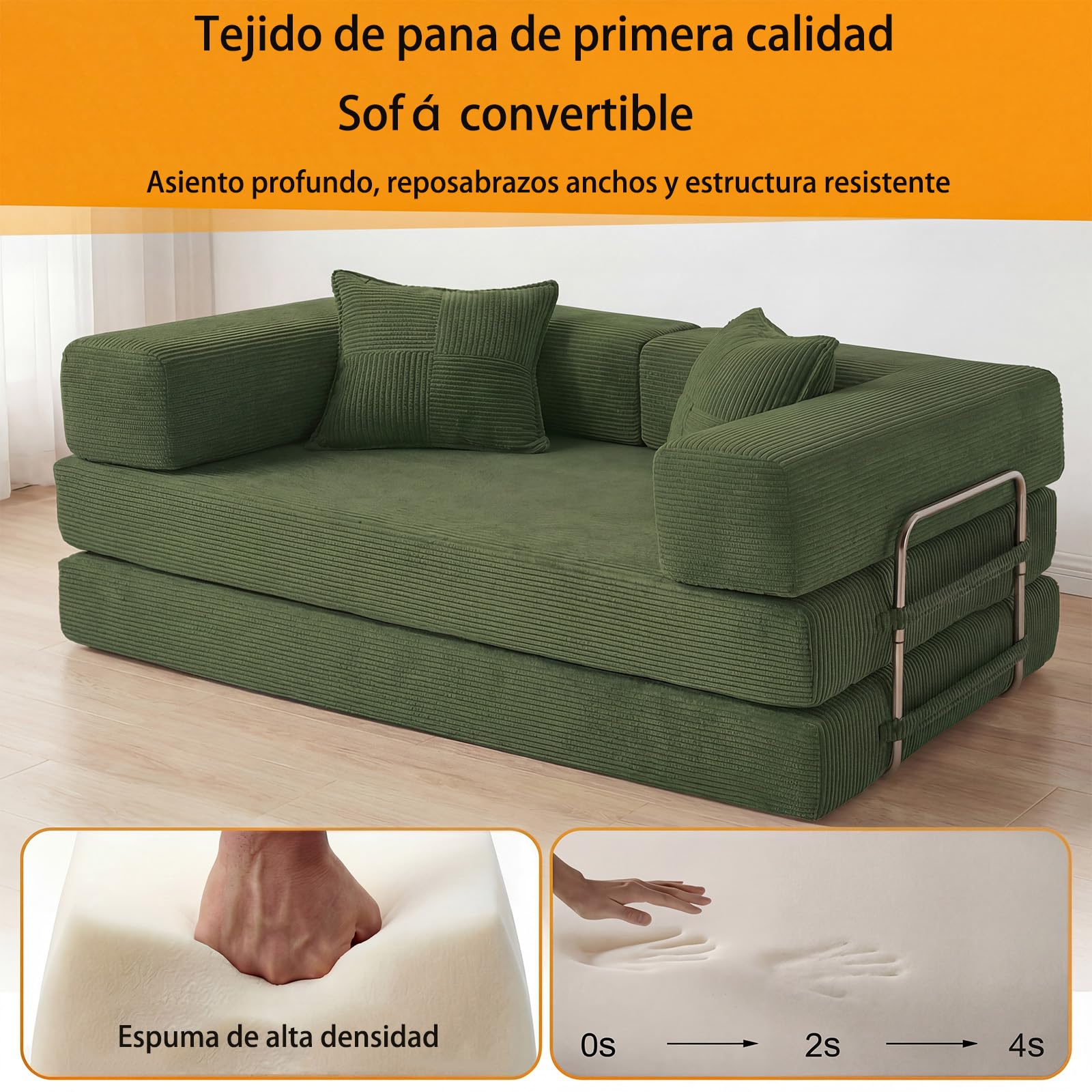 Vipbear 200cm Sofá Cama, Modular Desmontable Plegable 5 en 1,Confeccionado en Pana, Sofá Cama 3 Plazas Ideal para Espacios Reducidos, Verde | Convertible