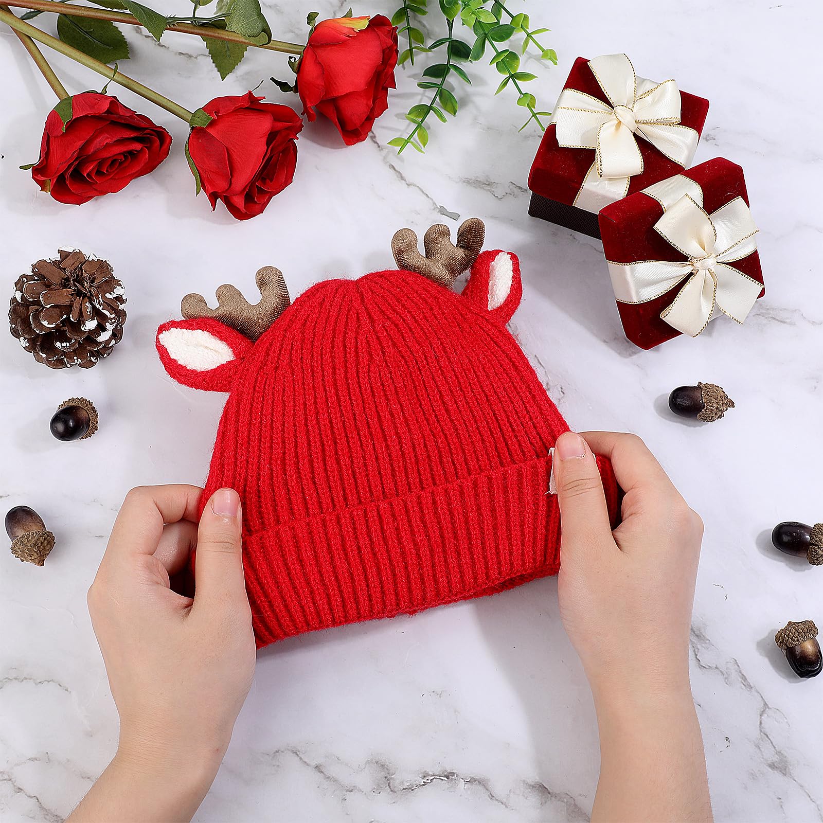 COMNICO Winter Hat for Kids, Antlers Reindeer Crochet Knitted Baby Beanie Hat Christmas Hat Thick Winter Warmer Cap Girls Accessories for Baby Boys Toddler Girl
