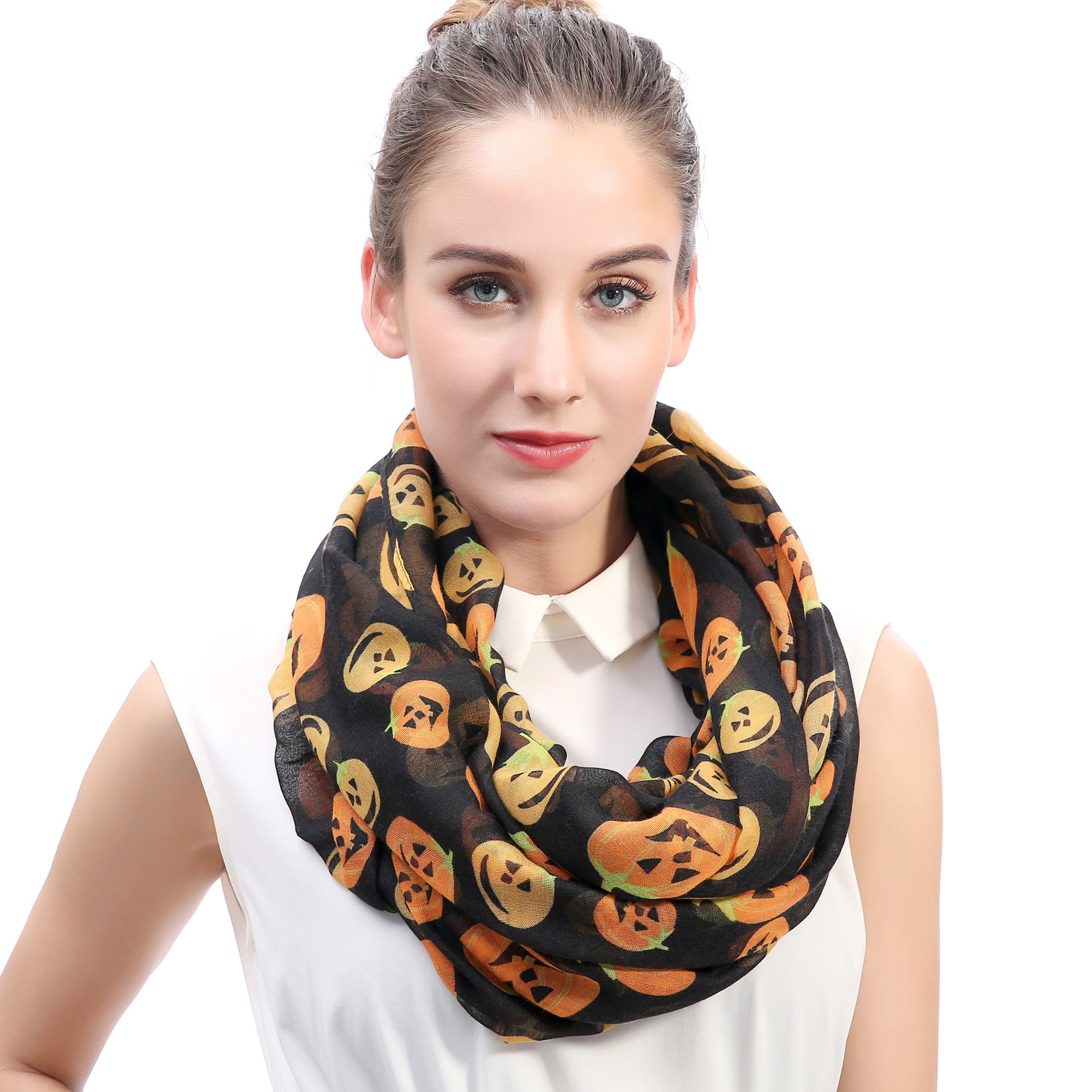 Lina & Lily Halloween Pumpkin Print Women's Infinity Scarf Snood Lightweight (Black)
