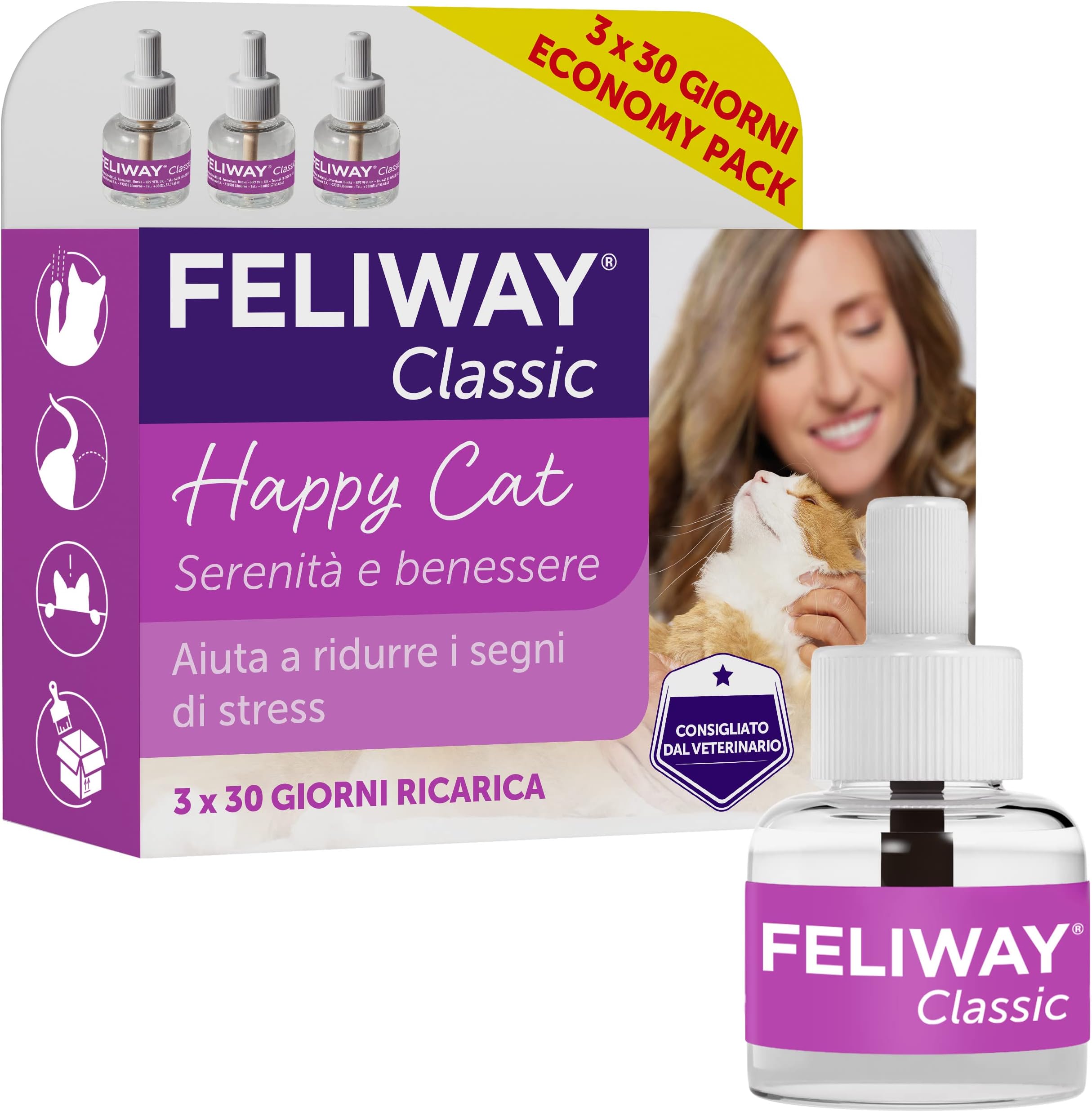 Classic 3 x 30 Day Cat Calming Odourless Refills for Pheromone Diffuser, 3 x 48ml - Helps Solve Common Signs of Stress in Cats & Kittens, Veterinary Recommended, Drug-free, Clinically Proven