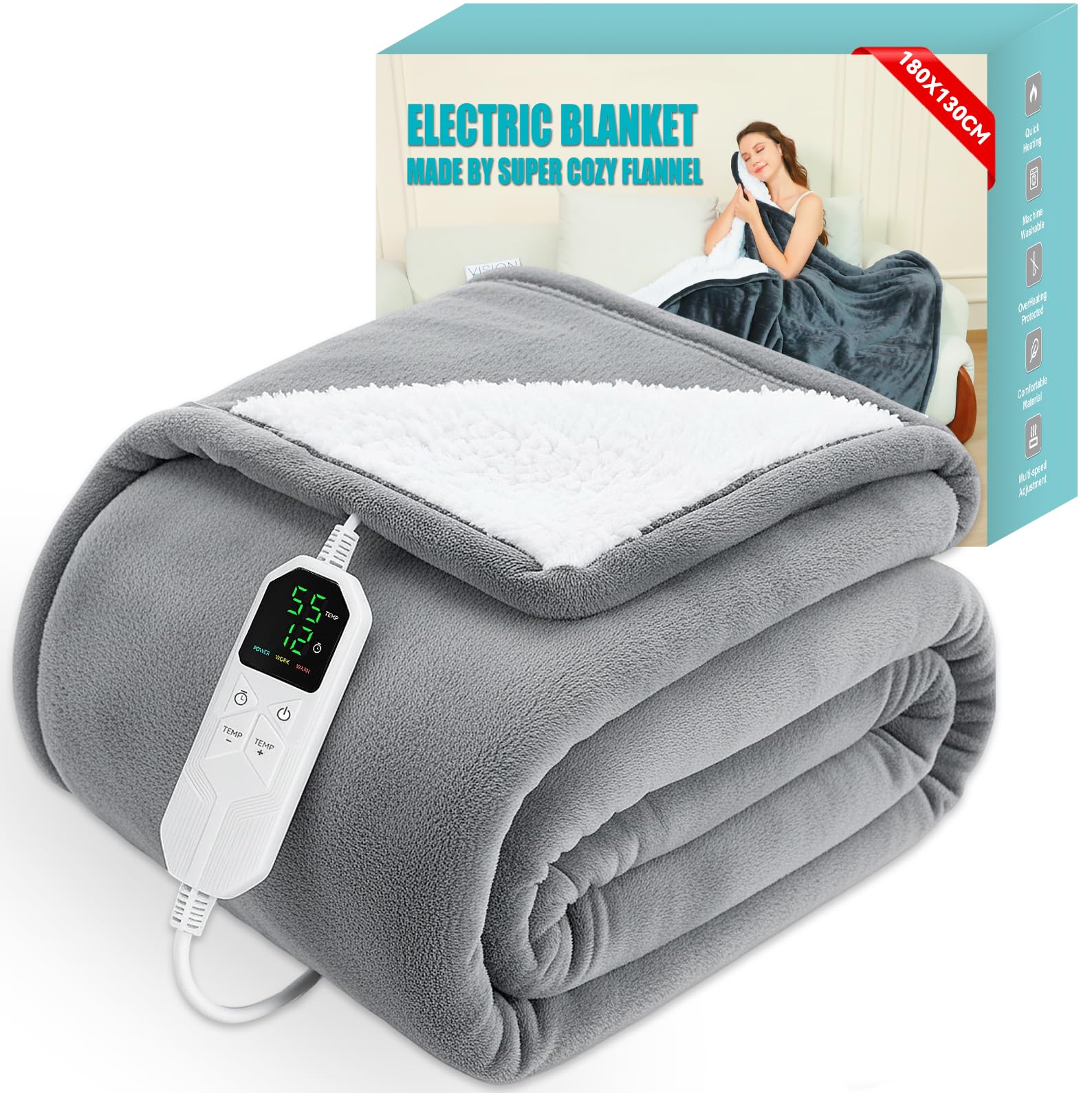 Electric Heated Blanket 180 × 130 cm, Heated Throw Blanket Fast Heating with 8 Heat Level...
