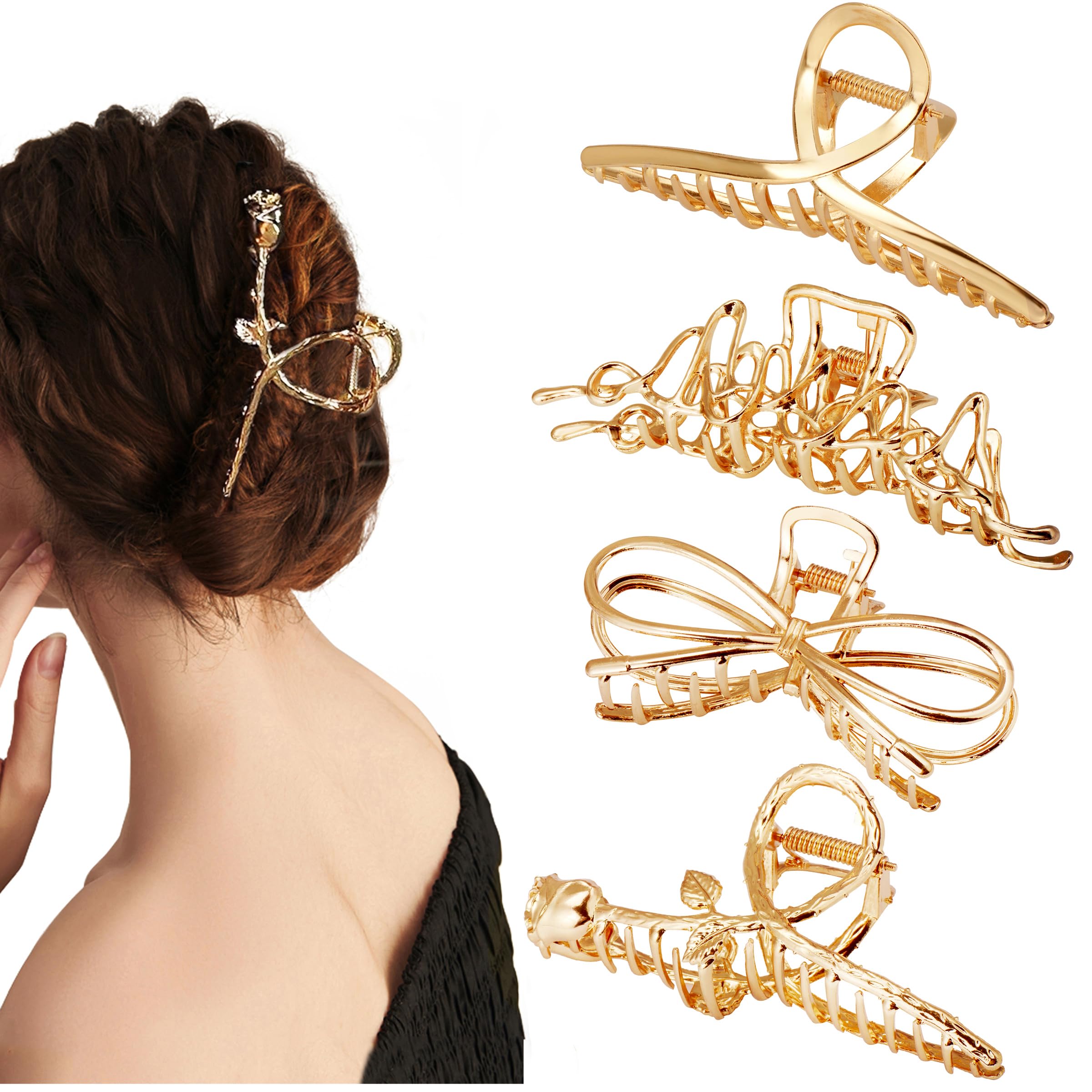 Parcce Paquete de 4 pinzas grandes de metal para cabello rizado fino a grueso, pinzas grandes antideslizantes de color dorado de 4.3 pulgadas, accesorios perfectos de moda para mujeres y niñas,