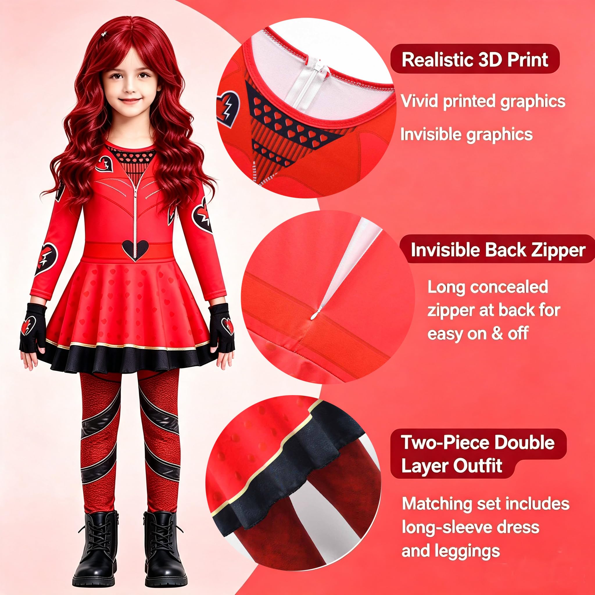 Costume da bambina con parrucca 3D per Halloween