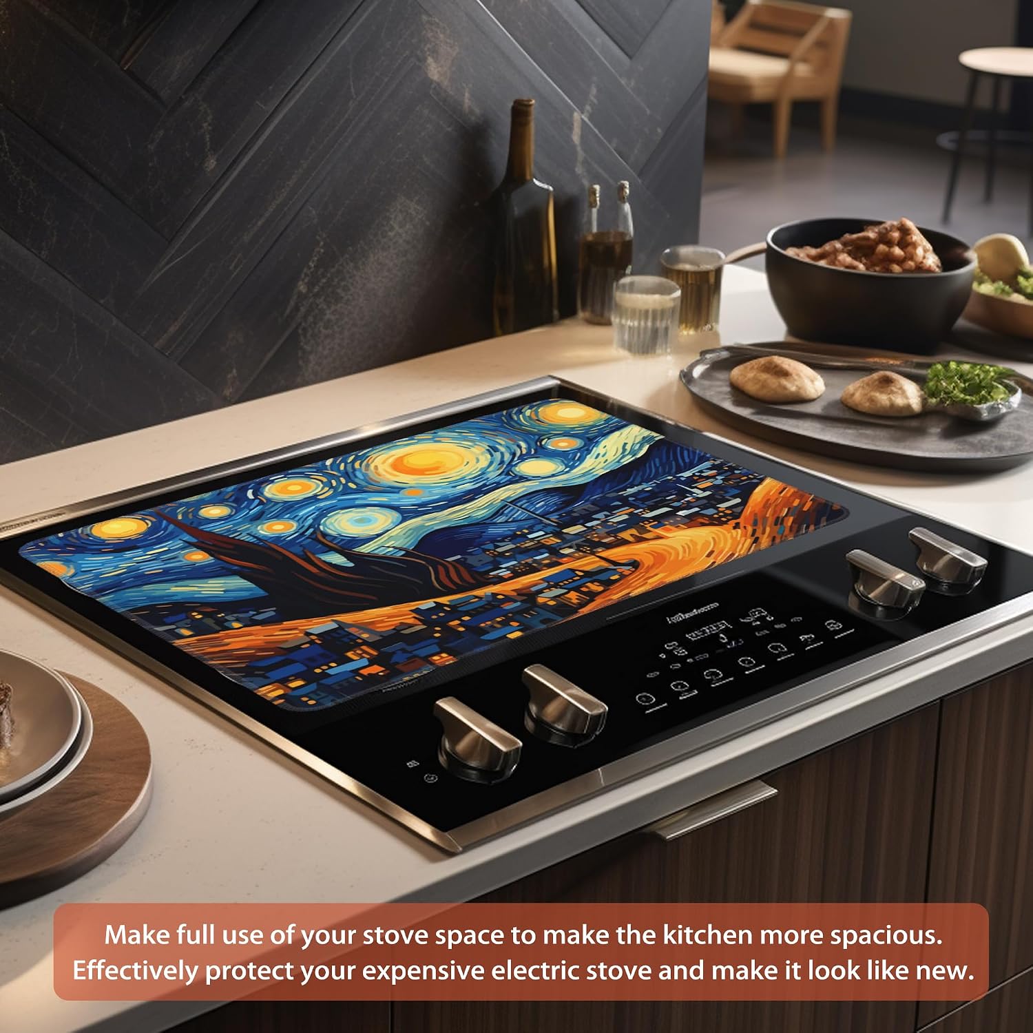 Starry Night Stove Top Covers for Electric Stove, City Style Glass Cooktop Cover Protector,Anti-Slip Heat Resistant Range Cooktop Cover Mat 28"x19.5"