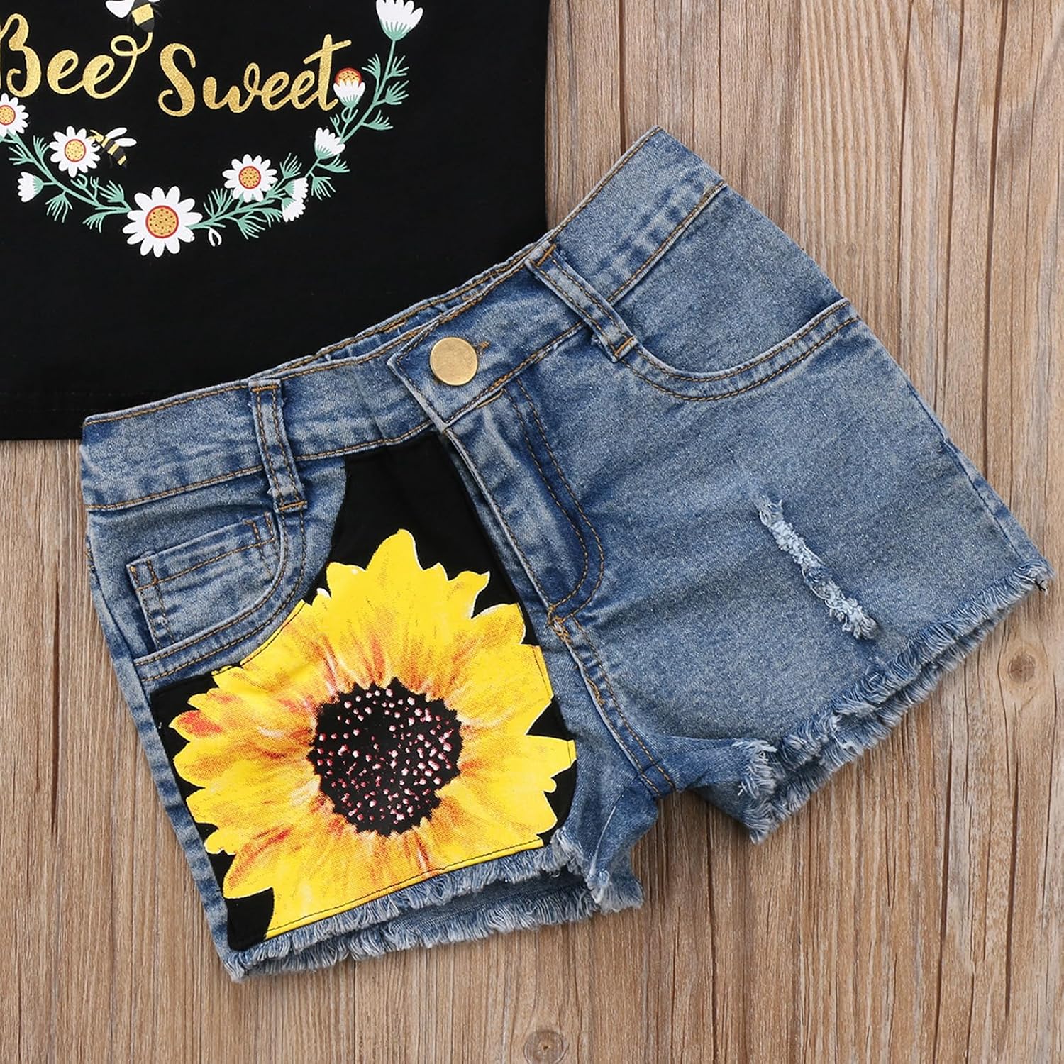 Toddler Girls Summer Outfits Letter Tee Top &Cute Sunflower Denim Jeans Shorts Little Girls Clothes