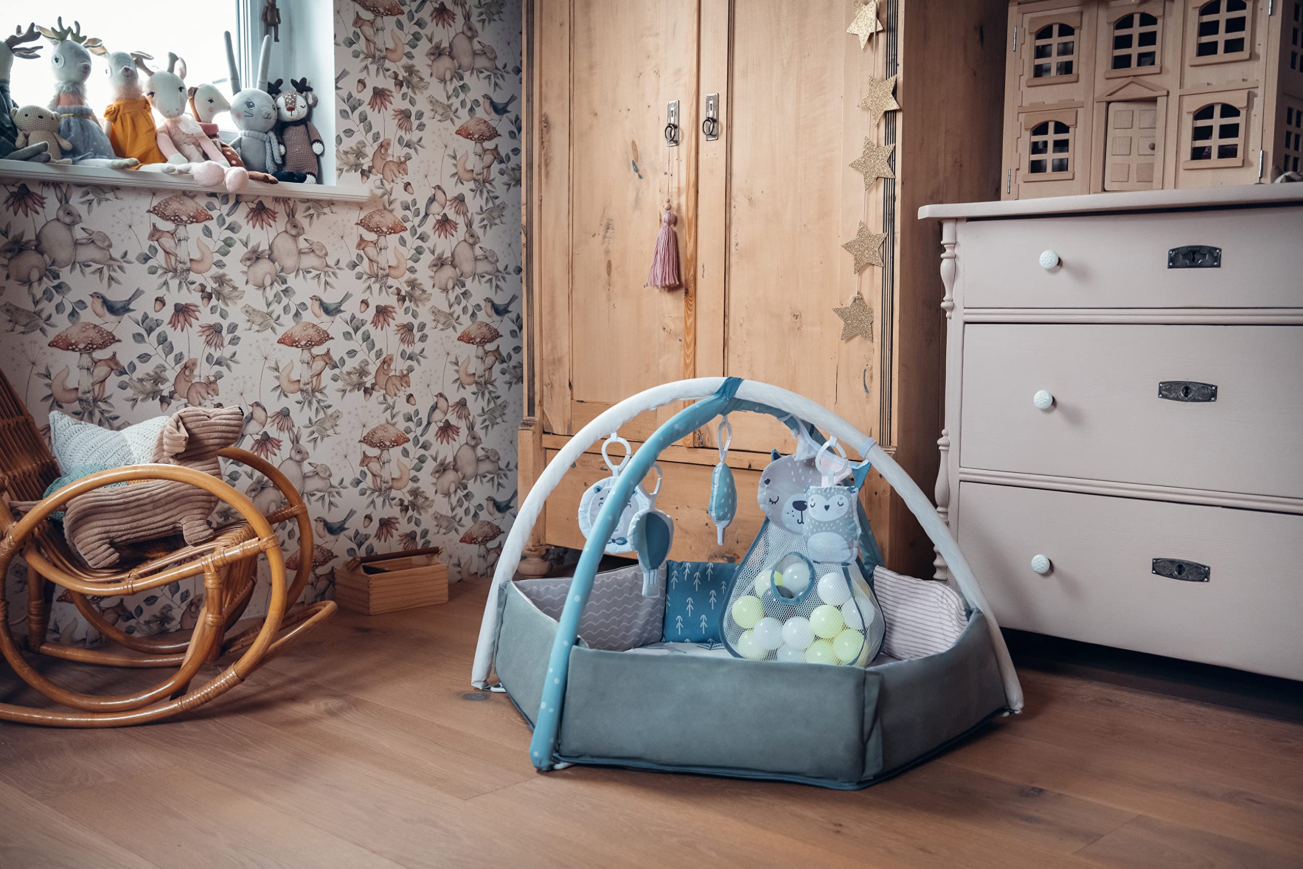 Arche de jeu MoMi PASTEL avec tapis rampant 3 en 1 pour bébé dès la naissance, tapis d'activité sensorielle avec 2 arches, bain de balles, 5 jouets, 20 balles avec sac