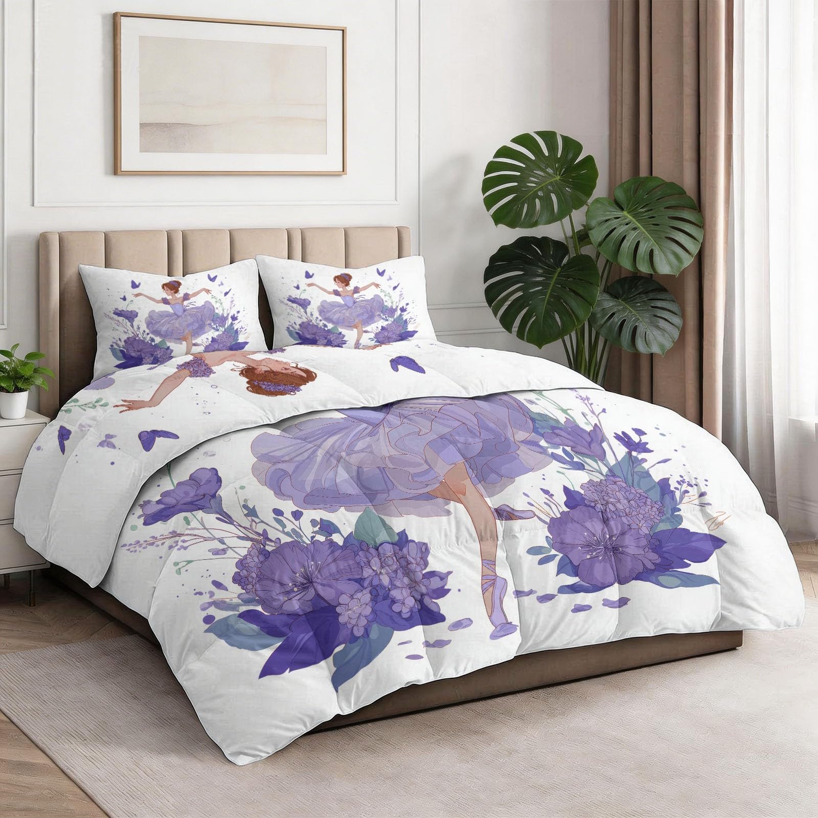 Edredón sin colchas 200 x 200 cm 4,5 tog verano lavanda soñadora silueta floral y bailarina silueta sin funda acolchada reversible colcha manta 2 fundas de almohada, colcha para niños/niños lavanda