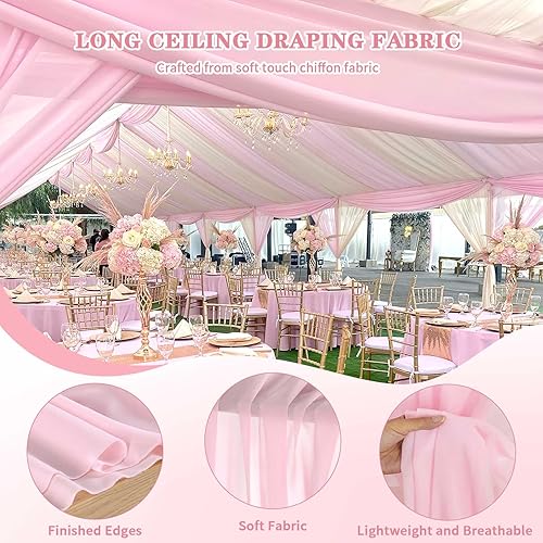Miniatura 4 de Cortinas de techo para boda, 6 paneles de 5 x 20 pies, cortinas transparentes de tela drapeada rosa, candelabros de techo de gasa, decoraciones para