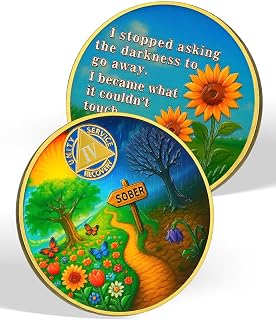 Sober Path 4 Year Sobriety Coin - Fearless Darkness AA Medallion, Affirmation Recovery Coin with Sunflower Design, Inspirational Sobriety Gifts as Recovery Milestones & Personal Health