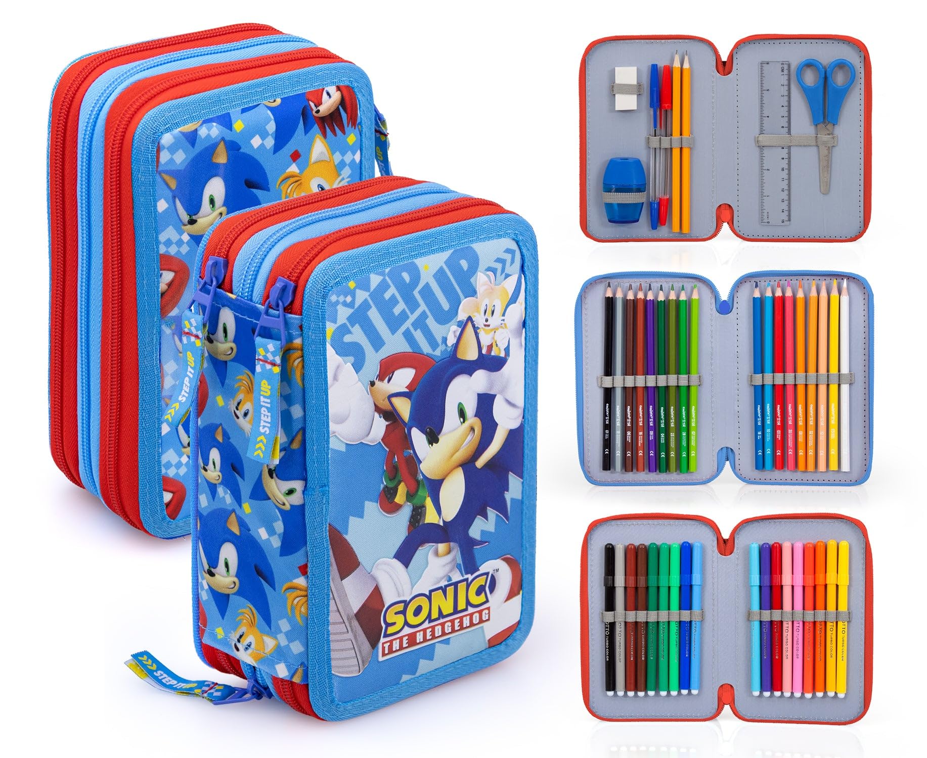 Astuccio scuola 3 zip Sonic The Hedgehog 3 Zip con 44 articoli (blu chiaro/rosso), 20×15×6 cm - Prodotto ufficiale SEGA