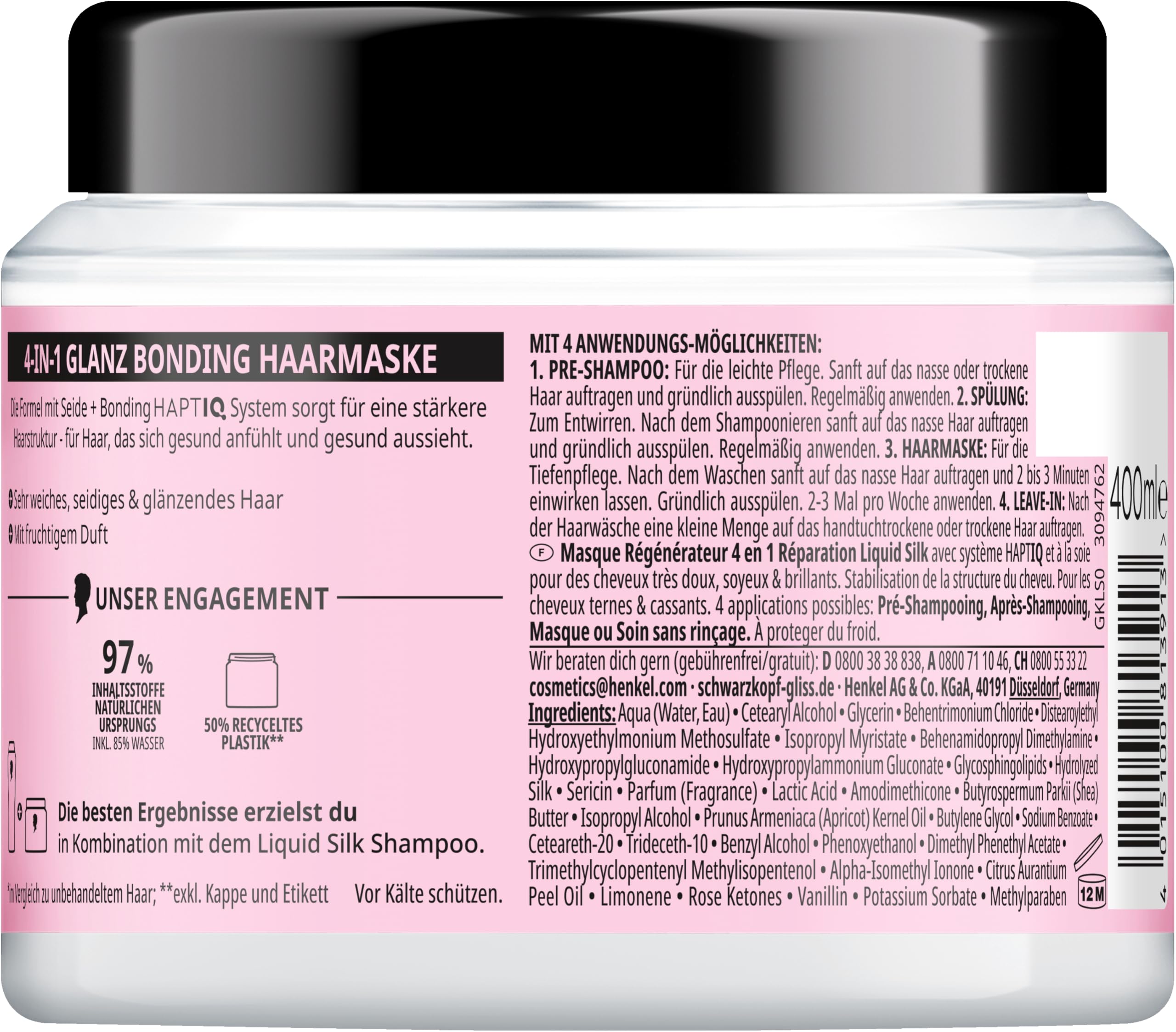 Gliss 4 w 1 kuracja Liquid Silk (400 ml), kuracja do włosów z systemem HAPTIQ i jedwabiem zapewnia gładkie włosy, pełny połysk, maska do włosów łamliwych, bez połysku