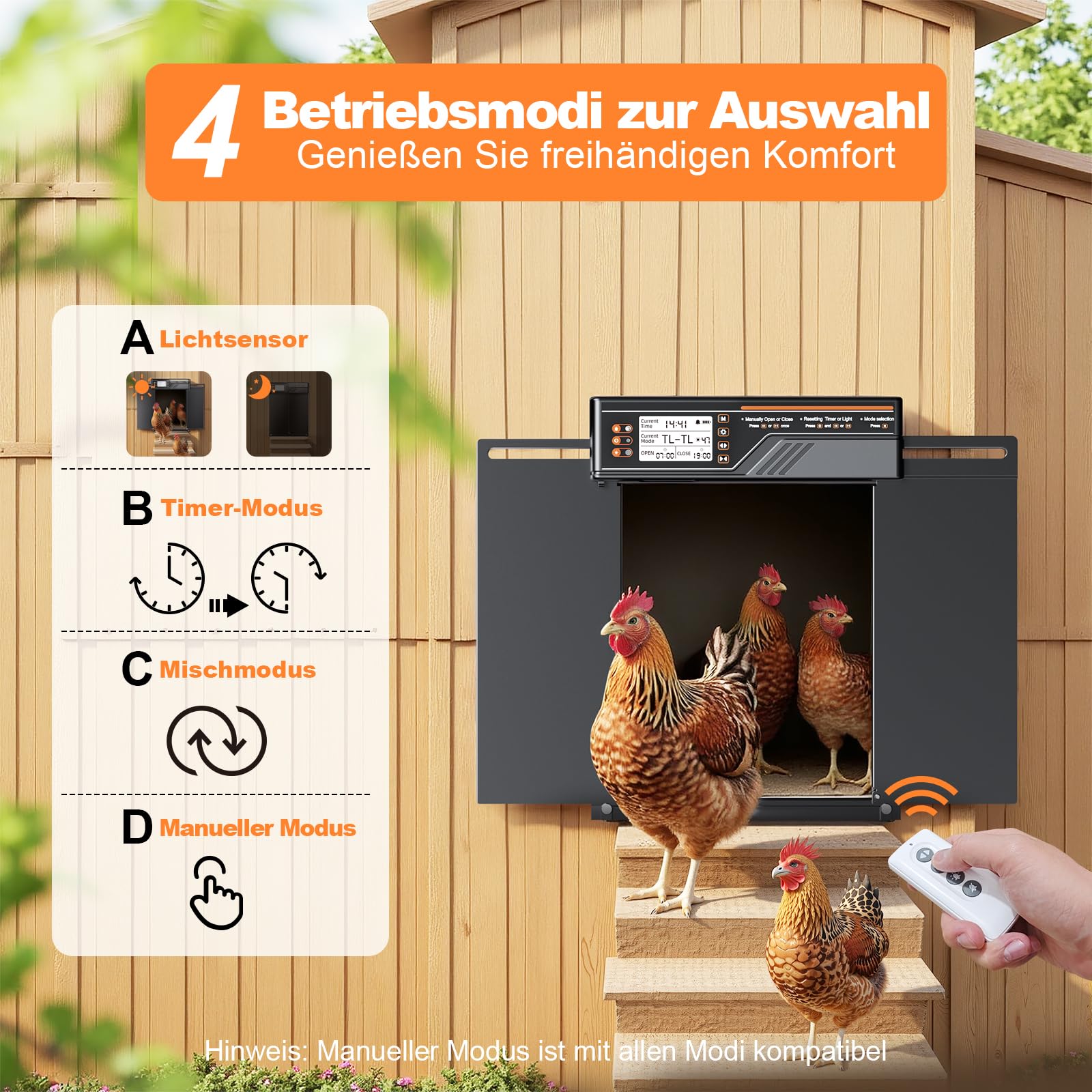 Größe Automatische Hühnerklappe Solar, Seitlich Öffnende Doppelschiebetür, Elektrische Hühnerklappe Automatisch Hühnertür mit Timer, Lichtsensor, Fernbedienung, Intelligenter Einklemmschutz