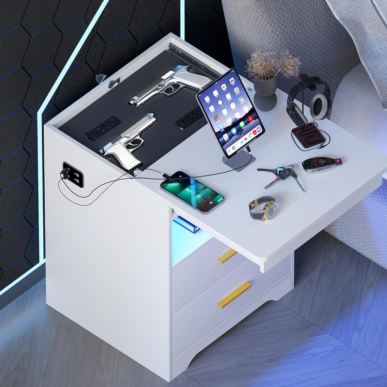 Gurexl LED Night Stand with Gun Drawer, Modern Beside Table with Charging Station, Auto Sensor 3 Color Dimmable End Table with Hidden Compartment for Bedroom (White)