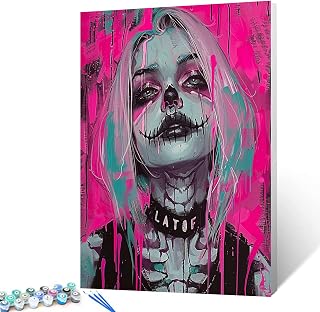 Grotesque Pink Decorations DIY Painting by Numbers for Adults Beginner,Split Mouth Clown Girl Paint by Number on Canvas Easy to Paint for Beginner Gothic Unique Graffiti Without Frame 16''X20''