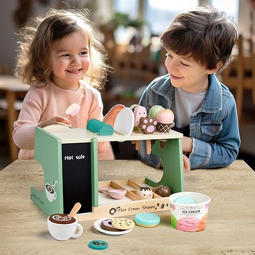 Miniatura 6 de Juguete de helado de madera, contador de helado 3 en 1 con cafetera, 28 piezas para niños pequeños, accesorios de cocina, juguetes de madera para