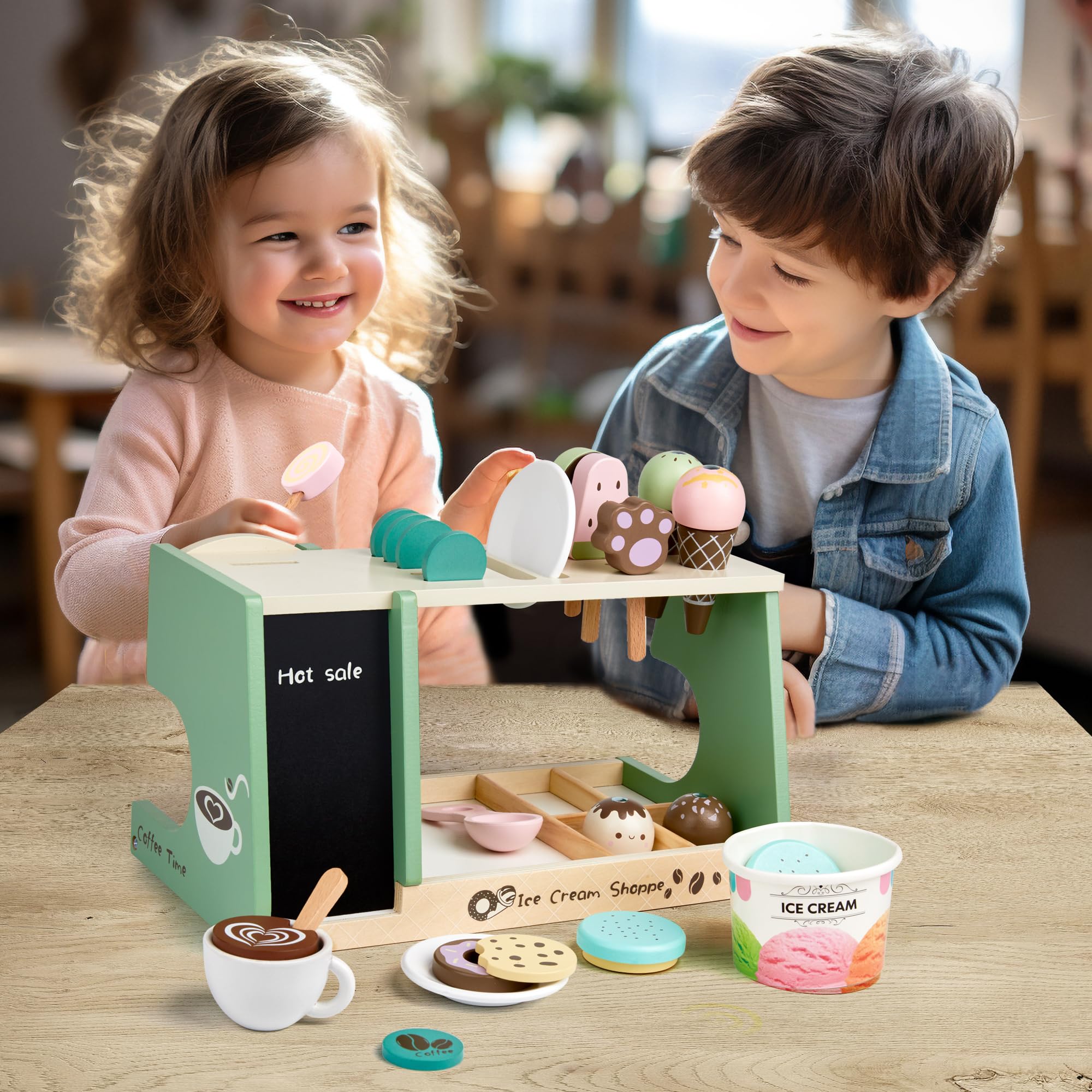 medoga Juguete de helado de madera, contador de helados 3 en 1 con cafetera, 28 piezas de accesorios de cocina para niños de 3, 4, 5, 6 años (helado)