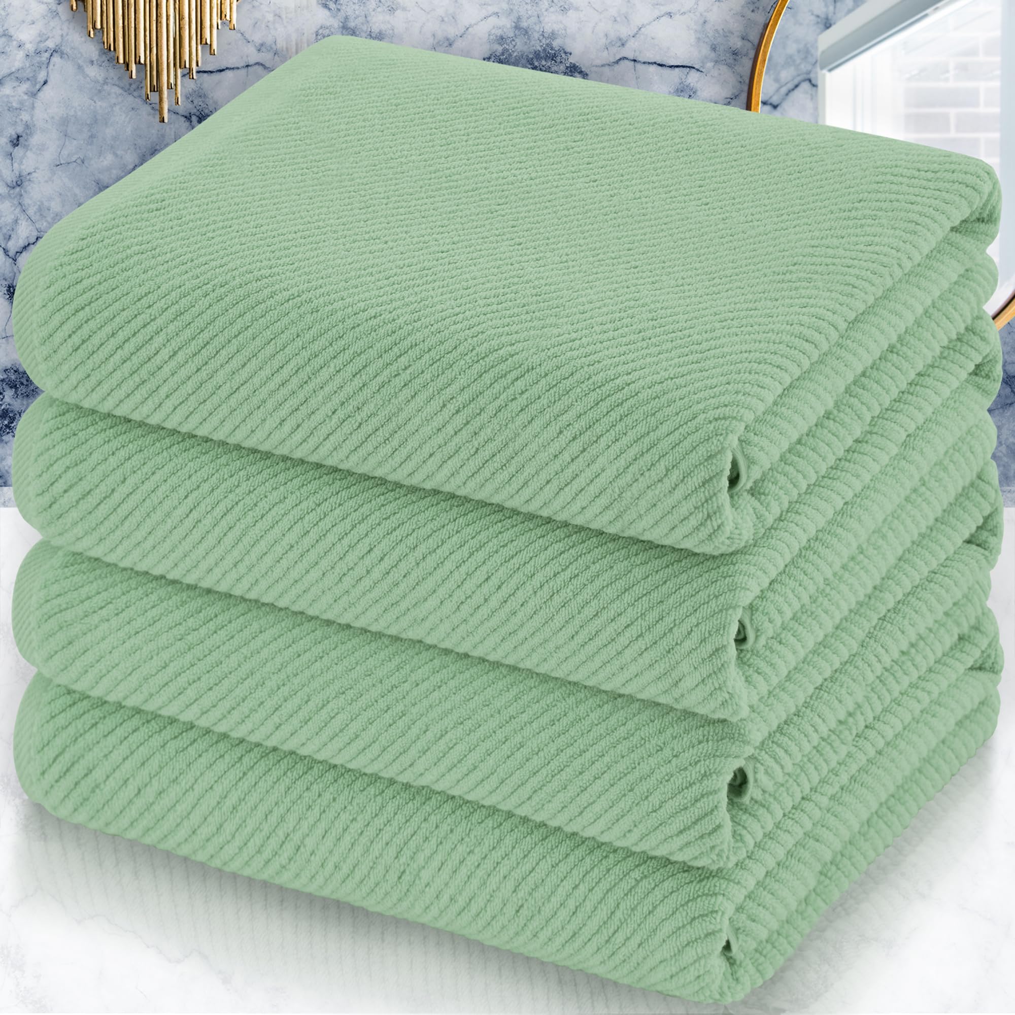 VOOVA & MOVAS Green Bath Towels (4PC, 30"x56") - 100% Cotton | Quick Dry | Light Weight | Thick | Soft | Absorbent - Luxury Shower Towel for Bathroom,