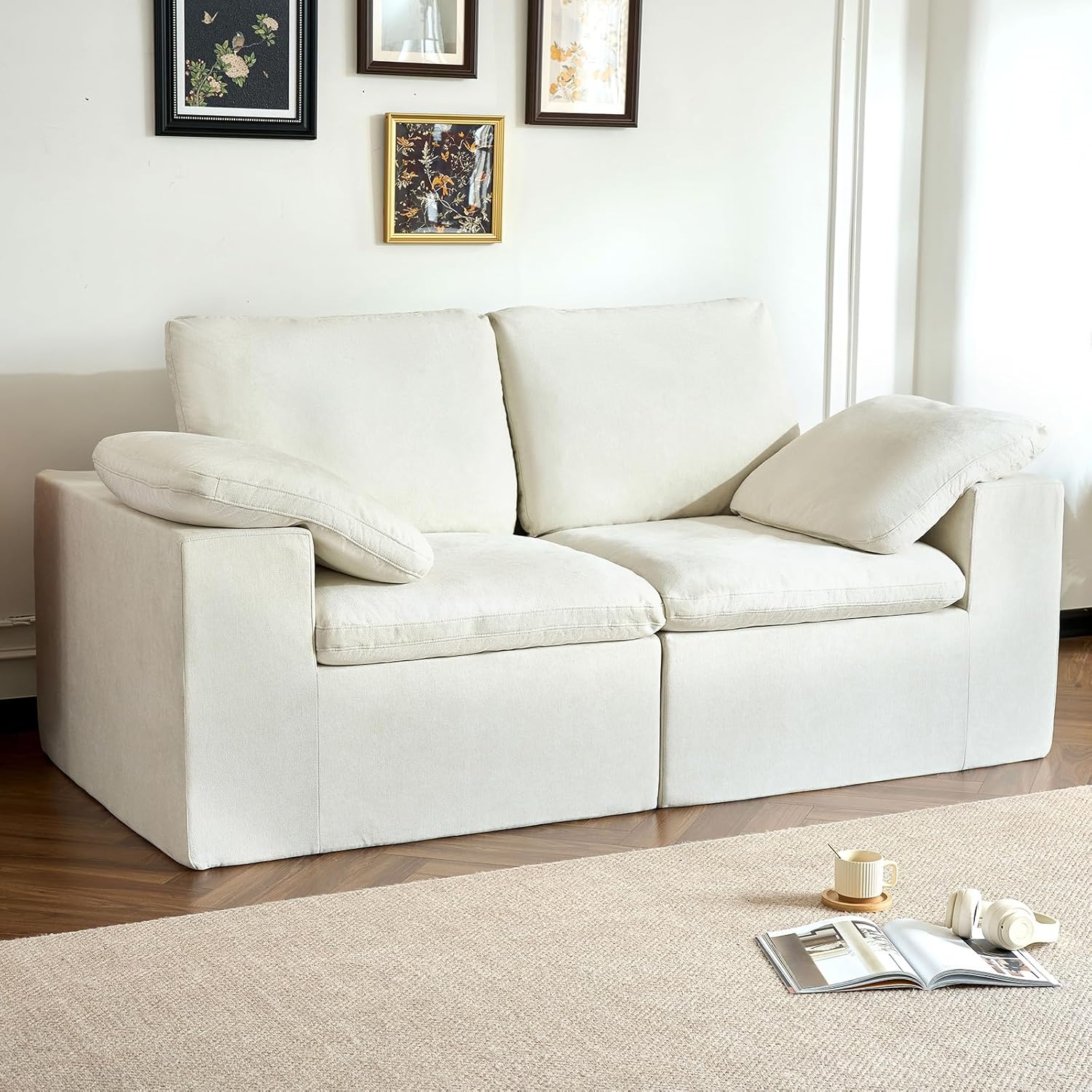 Boneless Cloud Couch Loveseat, 78'' Modern Beige 2 Seater Modular High-Resilience Foam Couches for Living Room, Compressed Floor Sofa, Small Couches Set, Comfy Soft