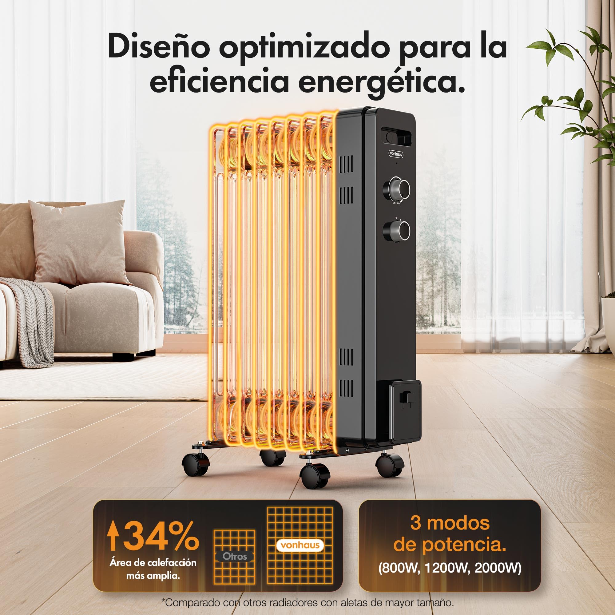 VonHaus Radiador Eléctrico de Aceite de 9 elementos – Calefactor Eléctrico Bajo Consumo Portátil 2000 W - Termostato Ajustable, 3 Niveles de Calor, 4 Ruedas, Cable 1,5 m (Negro)