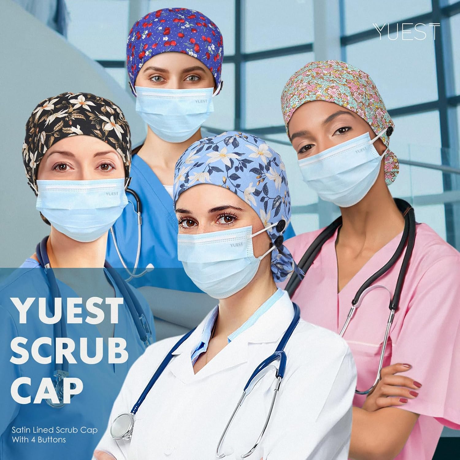 Satin Lined Scrub Caps with Buttons & Sweathand, Surgical Caps for Women - Image 6