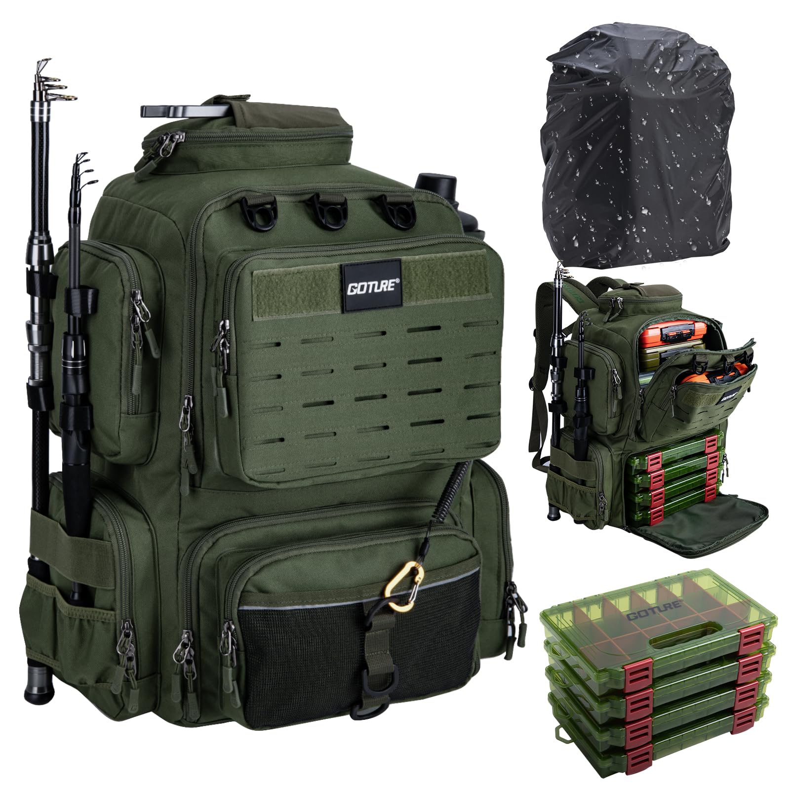 Goture Angelrucksack mit 4 Köderbox Angeln, 45-Liter Angelzubehör-Rucksack mit Zwei Rutenhaltern und Regenschutz, 900D Oxford-Gewebe Wasserabweisende Angelgerätetasche mit verstellbarem Fach