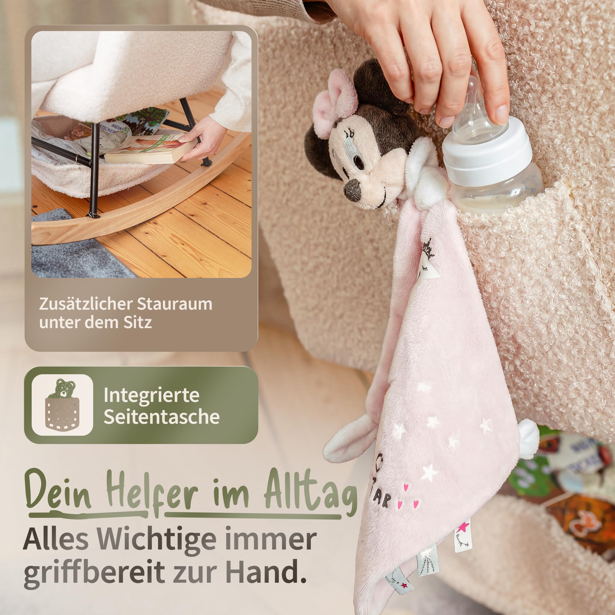 FLAKKARI® Stillsessel Schaukelstuhl Gepolstert [EXTRA-LEISE] mit Taschen Stillstuhl Schaukelsessel Relaxsessel Rocking Chair Nursing Baby | Baby Beige