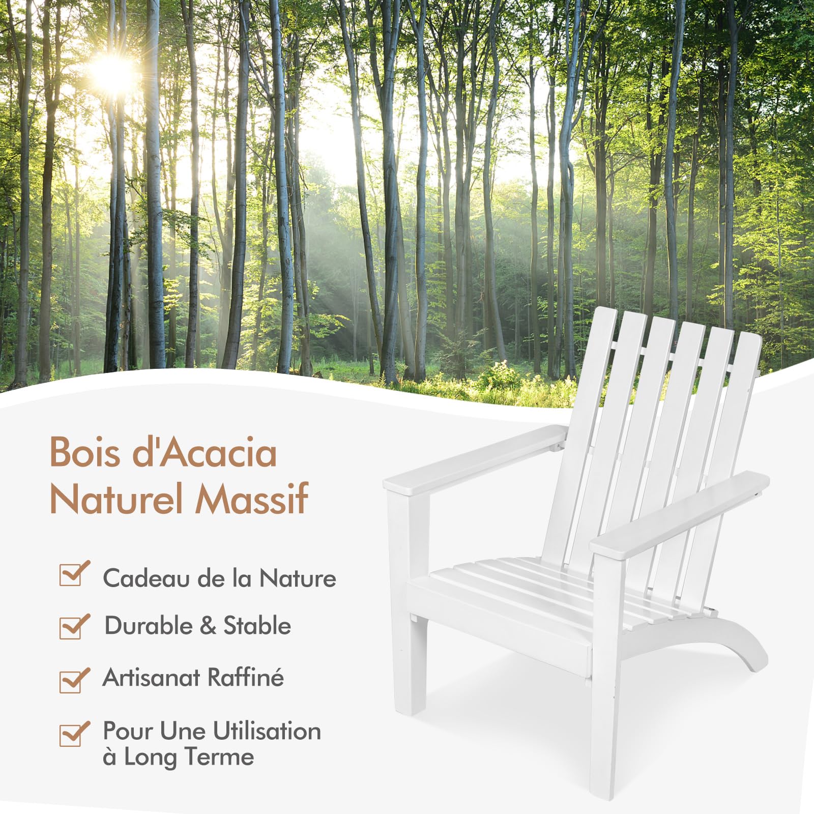 COSTWAY Chaise Adirondack en Bois d'Acacia, Chaise Exterieur Jardin avec Accoudoir Ergonomique, Fauteuil Exterieur pour Balcon Piscine Cour Terrasse, Charge 160 kg, 73 x 67,5 x 86 cm (Blanc)